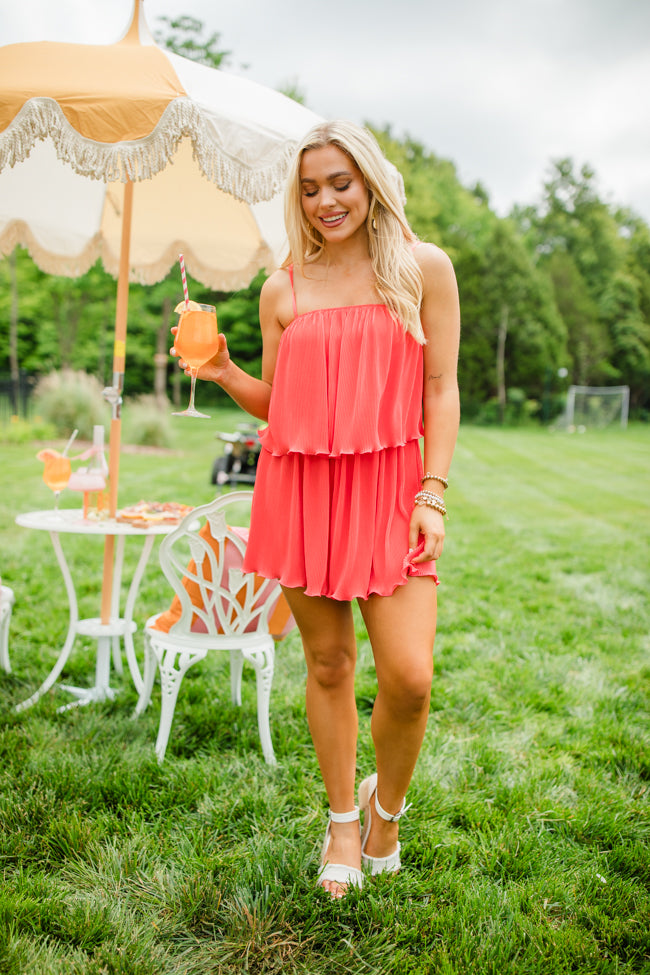 Hot Coral Pleated Romper for Women - Summer Beach Party Outfit & Vacation Dress - Final Sale