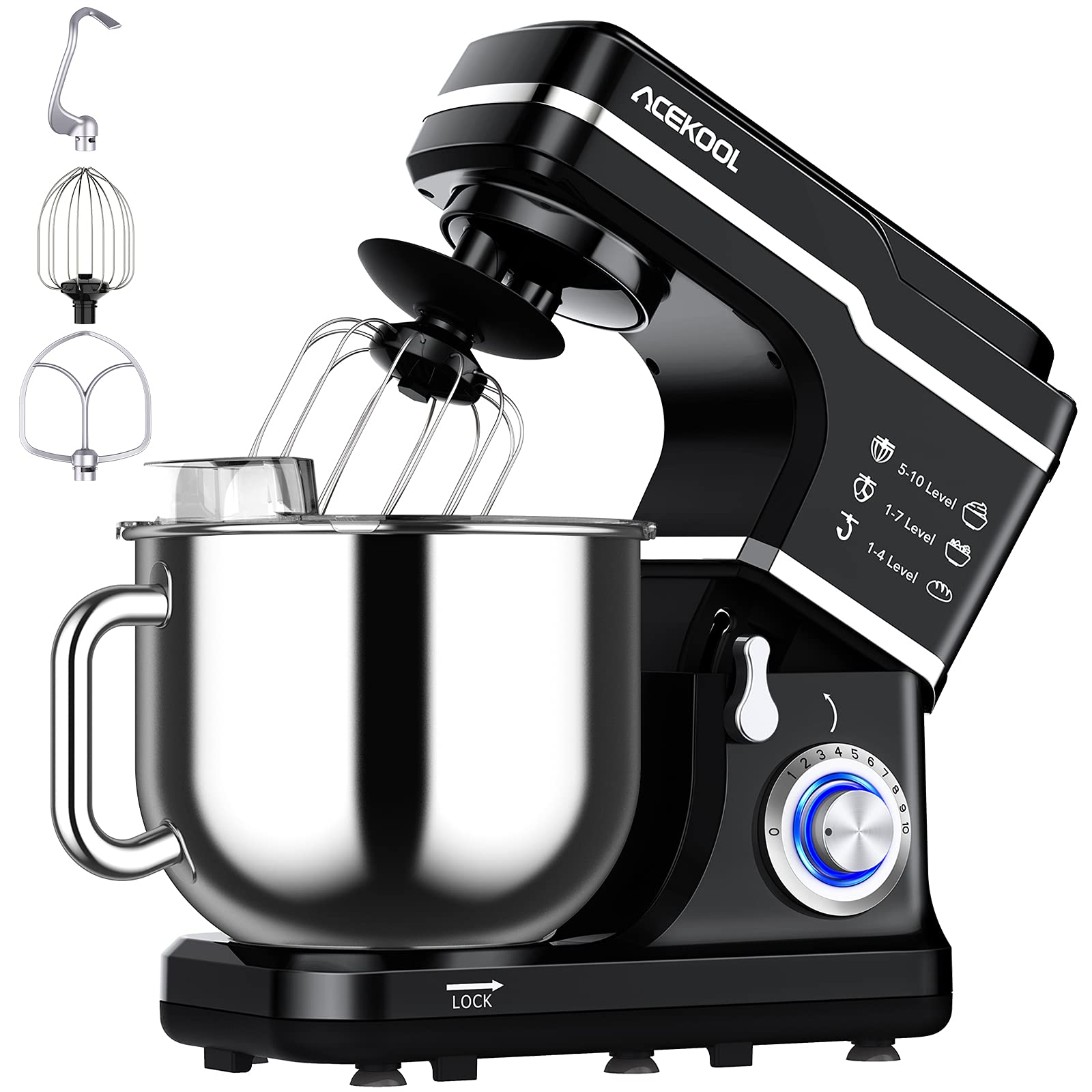 7.5QT Stand Mixer - 10-Speed Tilt-Head Electric Kitchen Mixer for Baking, Dough & Cake Making with Stainless Steel Bowl, Whisk, Dough Hook & Beater - 660W Powerful Motor - Perfect for Home Bakers & Professional Chefs (Black MC1)