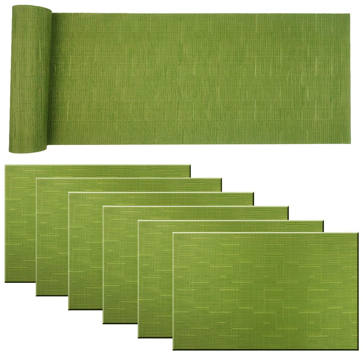 Heat-Resistant Cross-Weave Placemat & Table Runner Set (6 Placemats + 1 Runner, Sage Green) - Washable Dining Table Mats for Everyday Use & Dinner Parties