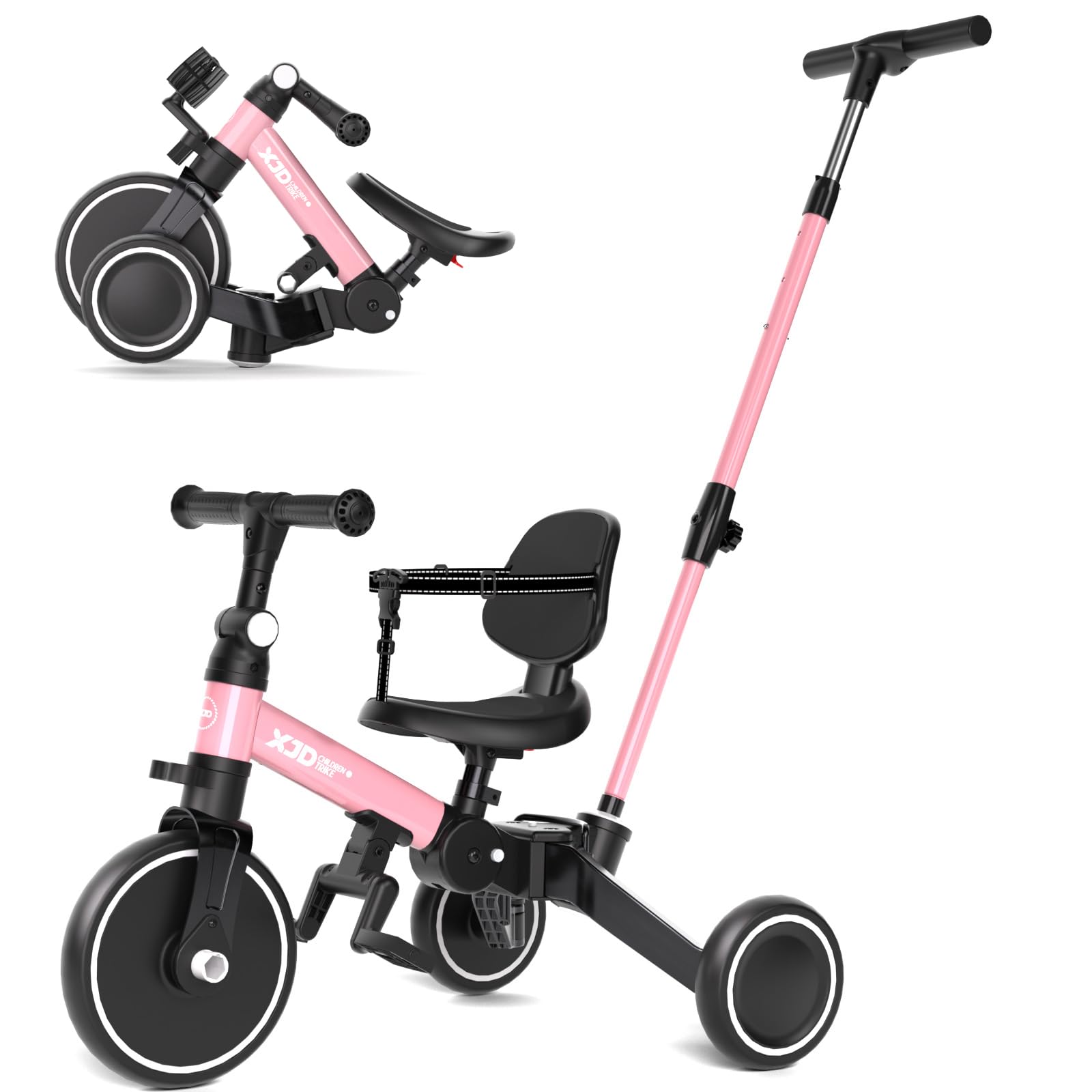XJD 6-in-1 Foldable Toddler Tricycle with Push Handle - Adjustable Balance Bike for 1-4 Year Olds | Removable Pedals, Backrest & Height Adjustable Seat | Perfect First Birthday Gift (Pink) | Ideal for Indoor Play, Outdoor Learning & Developing Motor Skills