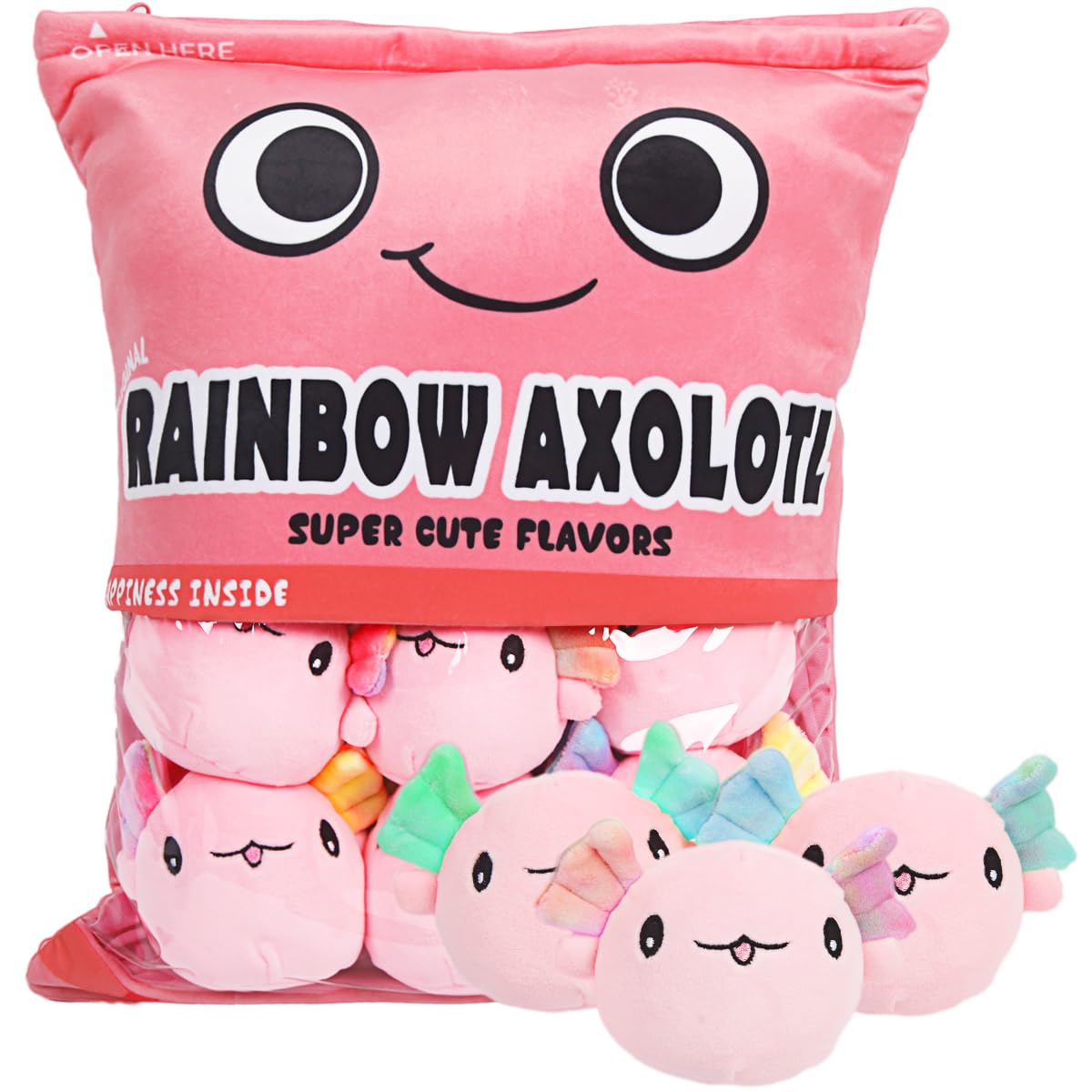 ARELUX Soft Pink Axolotl Plush Pillow Set - 6PCS Cute Stuffed Salamander Plushie with Removable Bag | Perfect for Kids' Room Decor, Birthday Gifts & Cozy Home Accessories