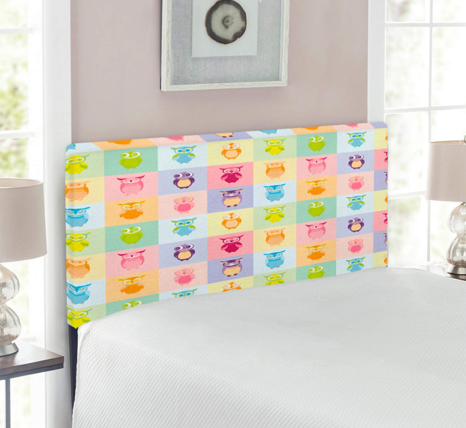Ambesonne Cartoon Owl Headboard - Colorful Fun Animal Design for Kids' Bedroom, Upholstered Decorative Metal Bed Frame with Memory Foam, Twin Size in Purple, Yellow & Pink | Perfect for Children's Room Decor & Playful Bedroom Themes