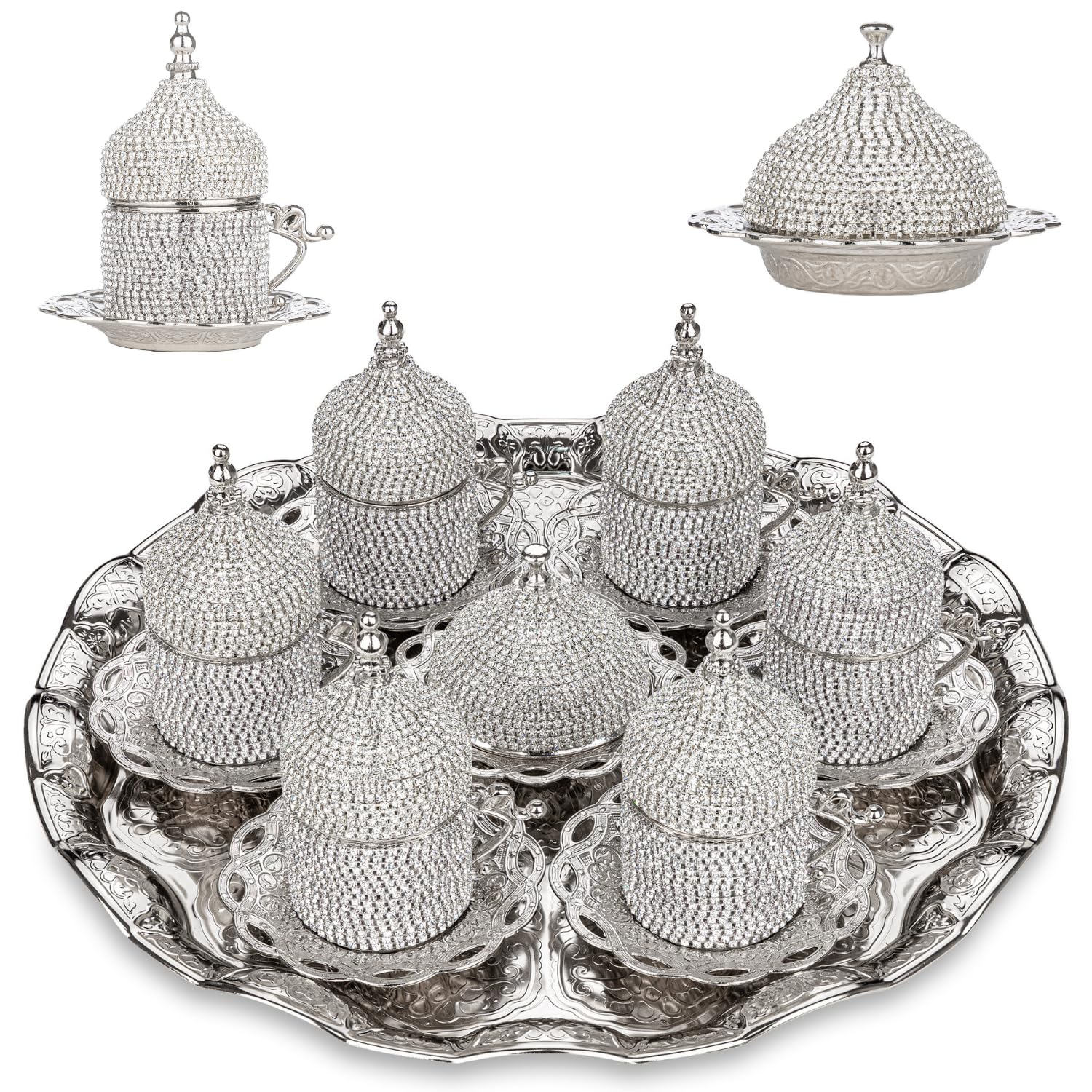 Turkish Coffee Set - 27-Piece Crystal Embellished Zamac Espresso Cups, Saucers & Sugar Bowl with Tray - Silver, Gold & Bronze Color Options - Perfect for Home Entertaining, Gifts & Traditional Coffee Ceremonies