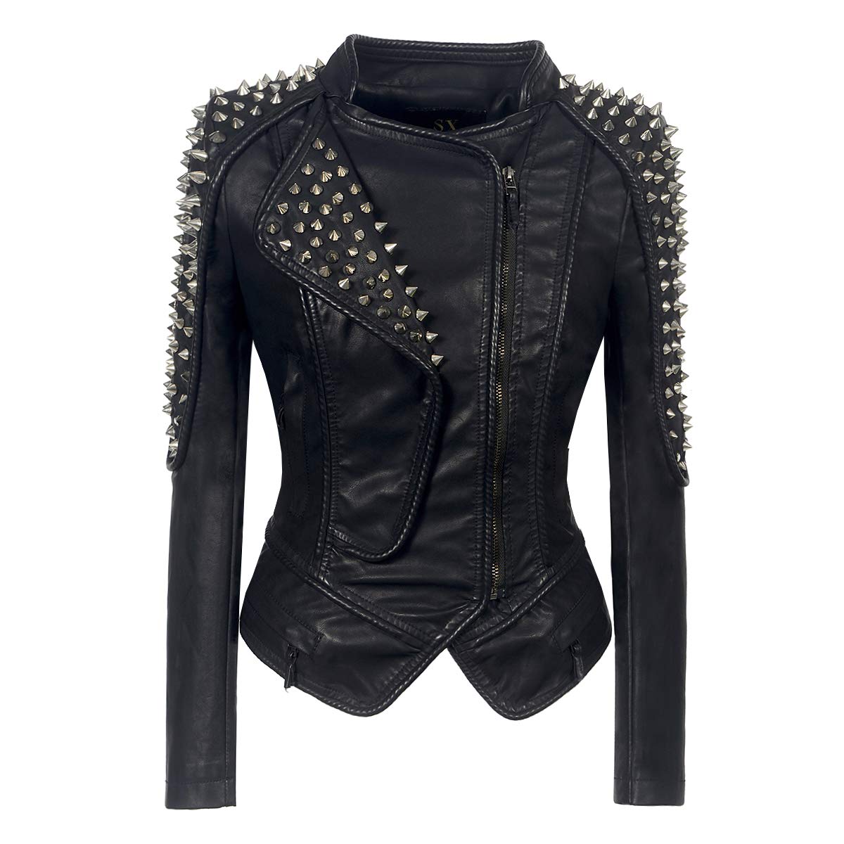 ZJX Women's Punk Leather Jacket - Classic Dovetail Rivet Design, High-Quality Motorcycle Jacket with Lapel | Perfect for Biker Fashion, Rock Concerts & Edgy Street Style