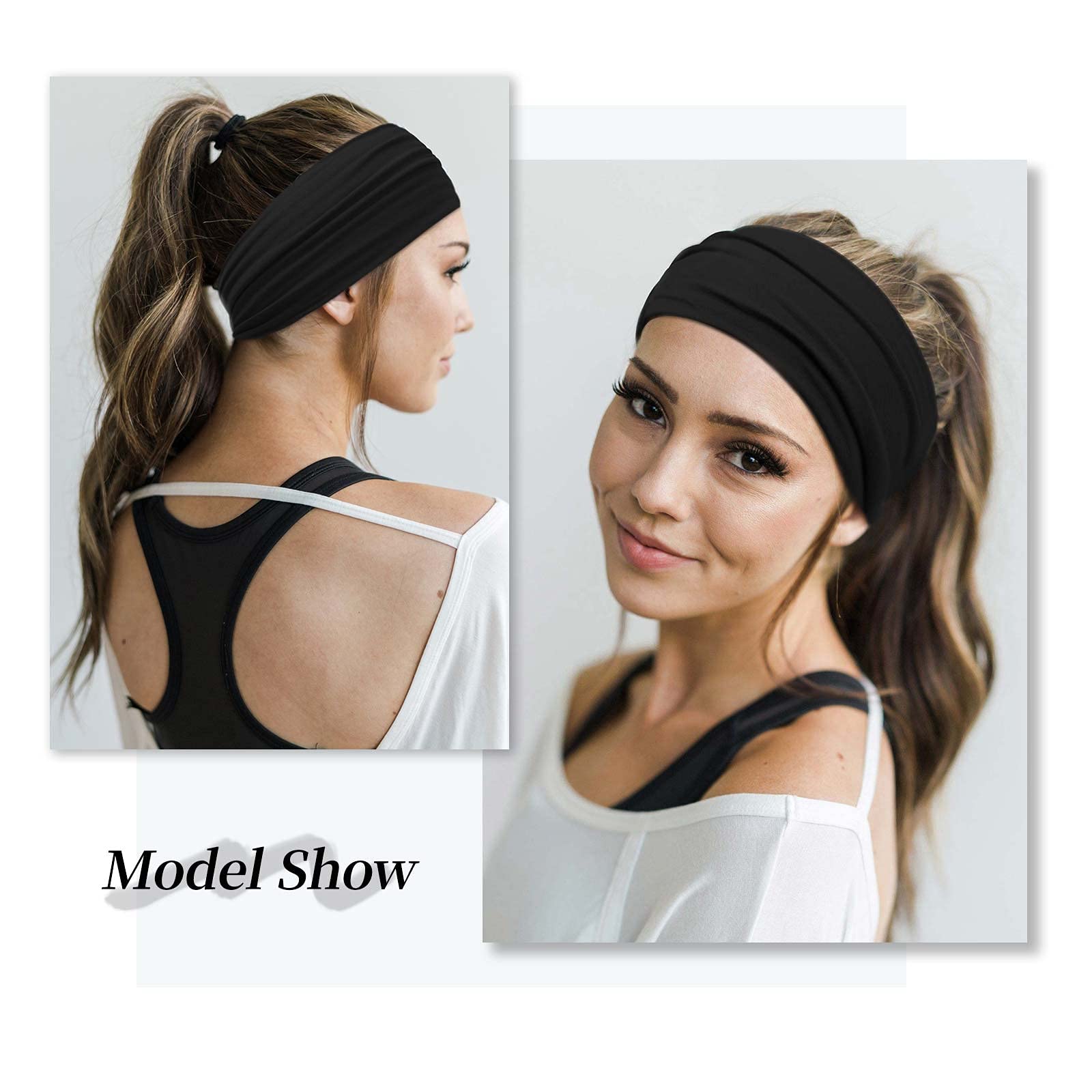 Stylish Wide Headbands for Women - Pack of 4 Black Boho Thick Hairbands, African Print Yoga Head Wraps & Sport Turban Headband Accessories - Perfect for Workouts, Yoga, Running and Fashion Styling
