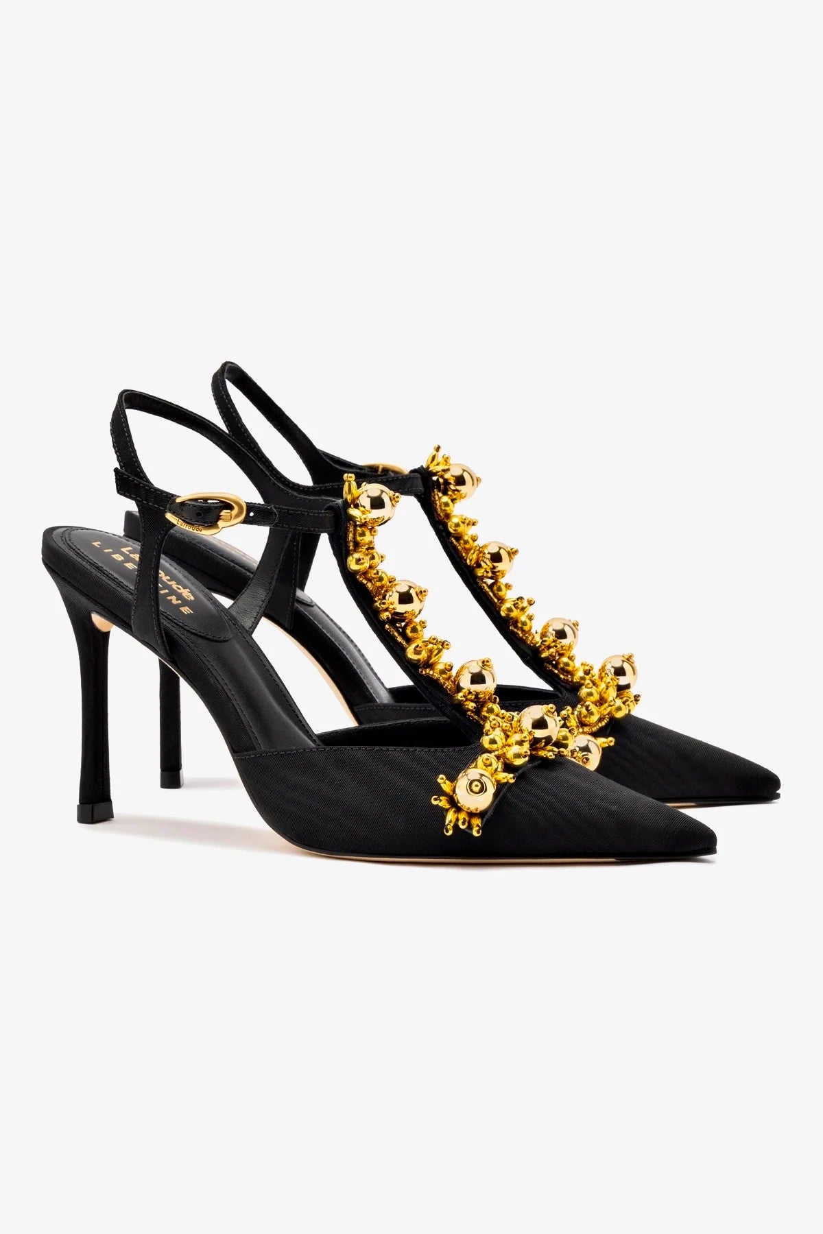 Larroudé x Libertine Black Fabric Pump with Golden Balls - Elegant Women's Heels for Parties, Weddings & Evening Events