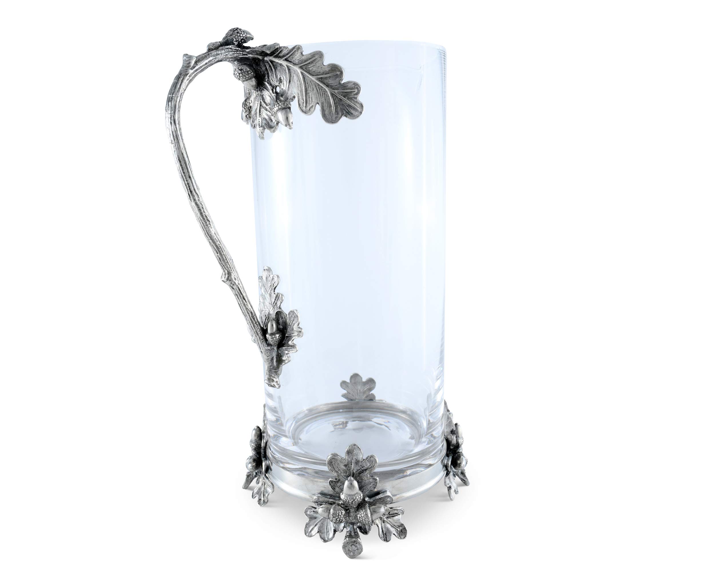 Vagabond House 52 oz Glass Pitcher with Pewter Acorn & Oak Leaf Handle - Perfect for Cold Water, Iced Tea, Juice & Beverages - 10.25 Inch Tall Elegant Serving Pitcher for Parties, Dining & Outdoor Gatherings