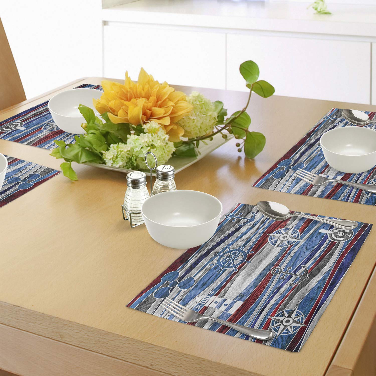 Lunarable Anchor Place Mats Set of 4 - Nautical Boat Anchor Lighthouse Steering Wheel Compass Design on Ocean Wave Background, Washable Fabric Table Mats for Dining Room & Kitchen Decor in Blue Red Grey - Perfect for Beach House, Coastal Theme Dining, and Nautical Party Decorations
