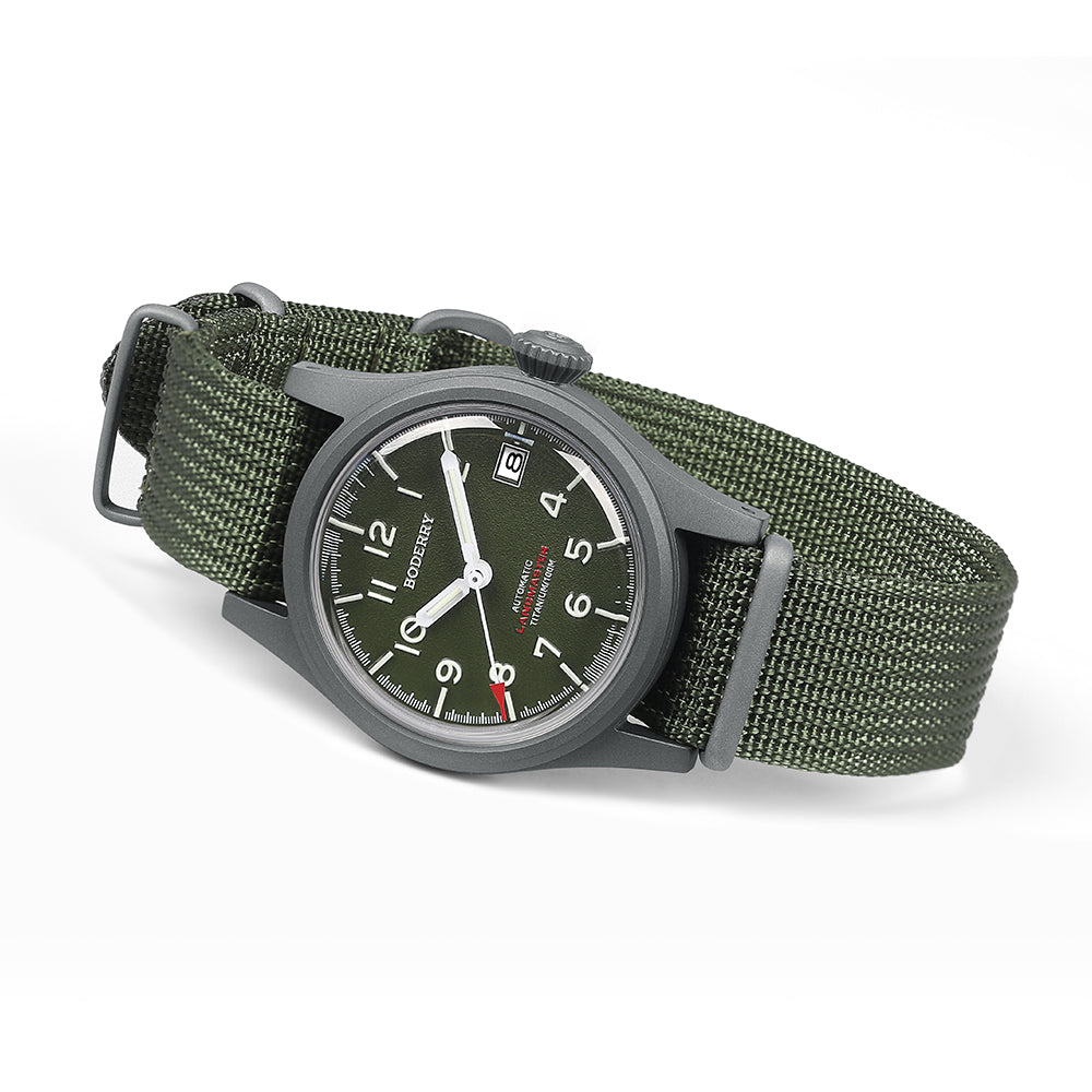 LANDMASTER 100M Waterproof Titanium Automatic Field Watch for Men - Military Green Dial with Date Display | Outdoor Adventure, Hiking, Camping & Tactical Use