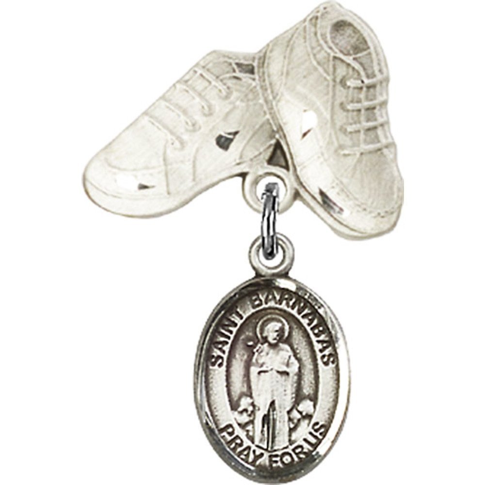 Sterling Silver Baby Badge with St. Barnabas Charm & Baby Boots Pin - 1 X 5/8 Inch - Perfect for Christening, Baptism & Newborn Gifts - Elegant Keepsake for Baby Showers & First Communion