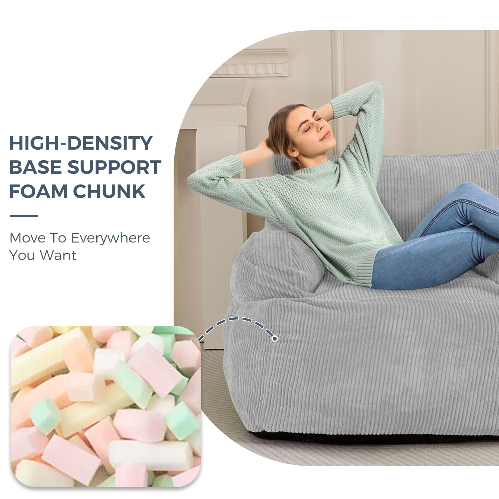 MAXYOYO Giant Bean Bag Chair - Oversized Stuffed Bean Bag Couch for Living Room, Bedroom & Game Room - Ultra Soft Grey Memory Foam Lounger - Perfect for Relaxing, Gaming & Movie Nights