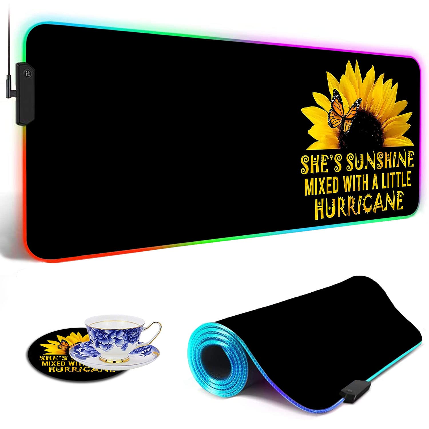 RGB Gaming Mouse Pad with LED Lights - Large Non-Slip Desk Mat for Keyboard & Mouse | Waterproof Optical Surface | Perfect for PC Gaming, Office Work & Home Decor (Sunflower & Butterfly Design)