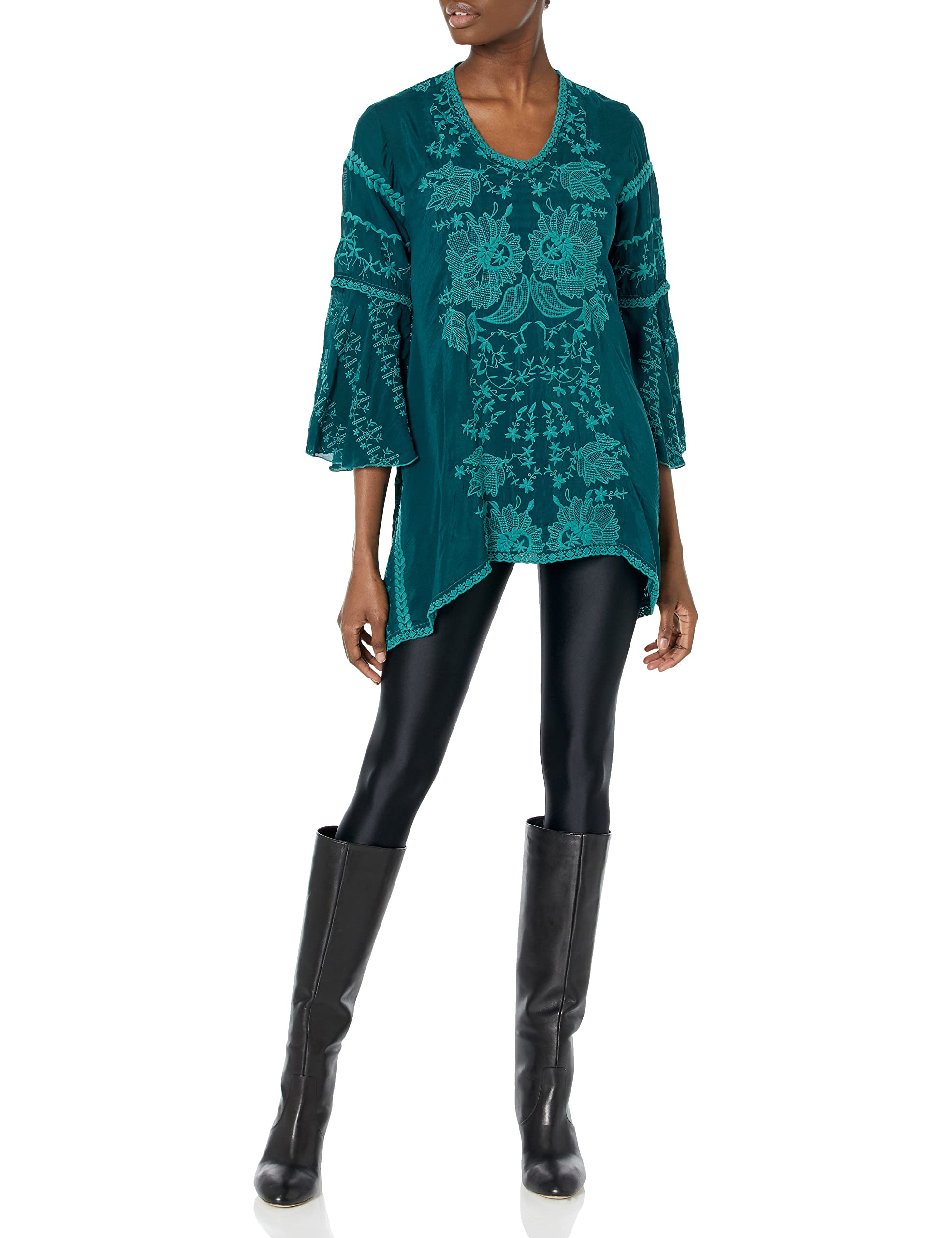 Johnny Was Women's Long Sleeve V-Neck Tunic Top - Boho Floral Print Cotton Blouse for Casual Wear, Work & Special Occasions