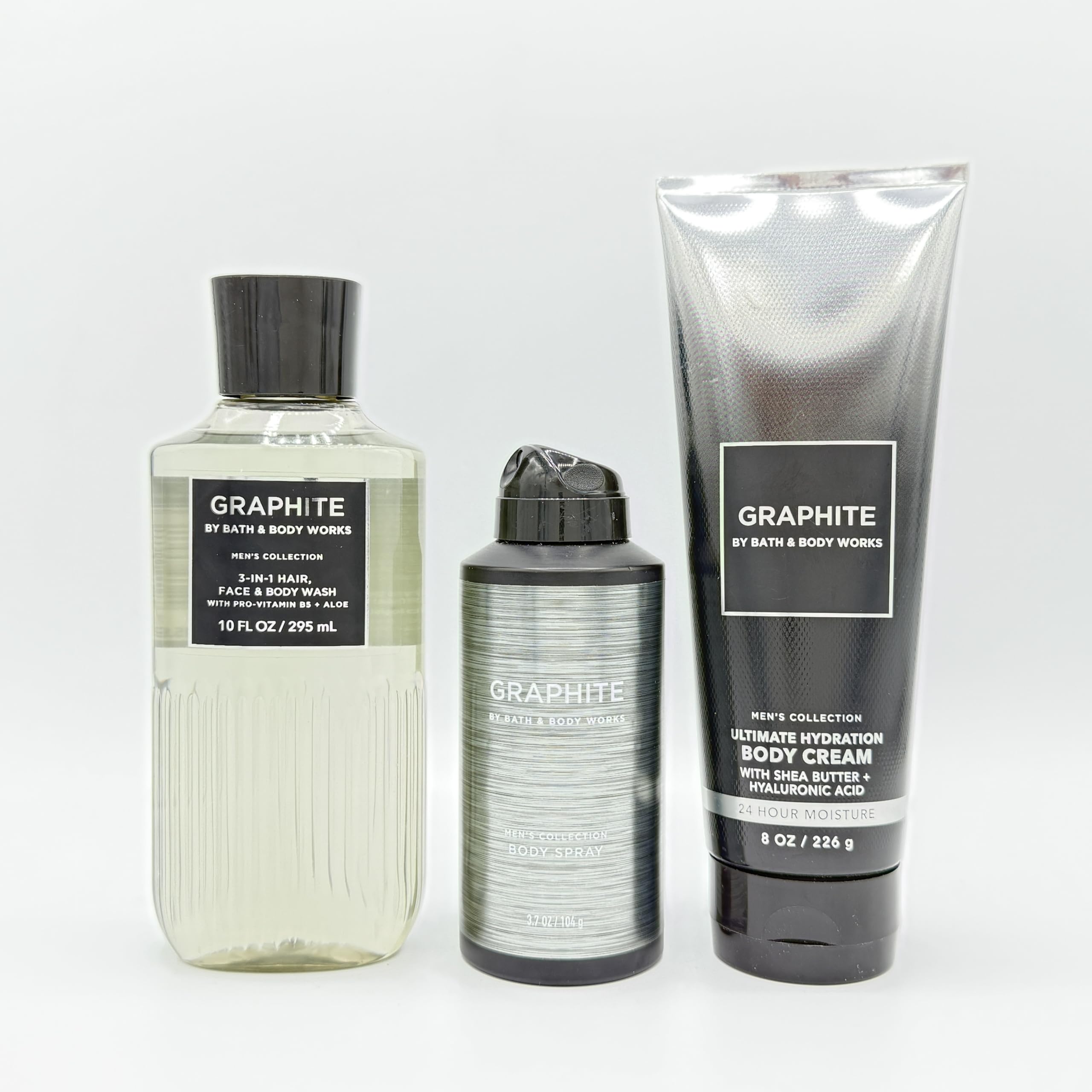 Graphite Scented Men's 3-Piece Bath & Body Gift Set - Moisturizing Body Wash, Refreshing Body Spray & Hydrating Body Lotion - Perfect for Shower, Gym & Daily Skincare Routine