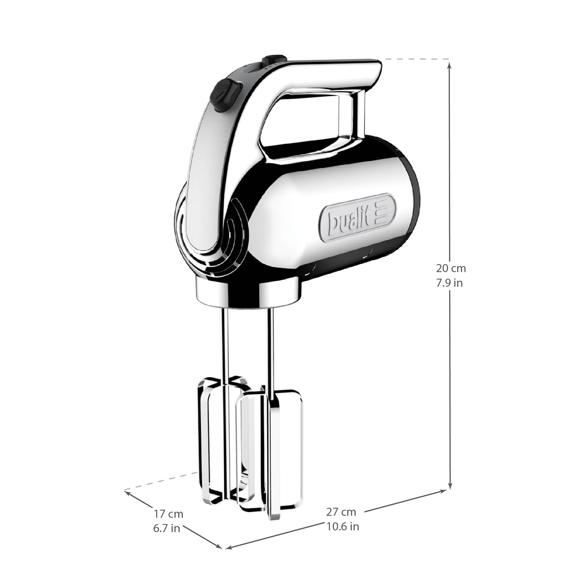 Dualit 400W Hand Mixer with Strong Grip Handle - Includes Flat Beaters, Dough Hooks & Balloon Whisk - 4 Speed Settings with Repairable Gears - Built-in Plug Storage - Perfect for Baking, Whipping Cream & Mixing Dough