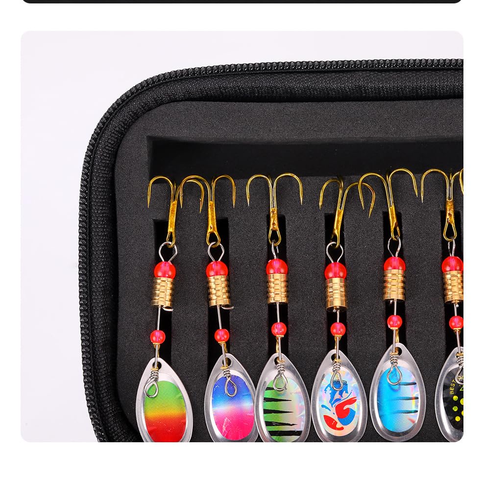 16 Pcs Fishing Lures Spinner Bait Kit with Triple Hooks - Metal Spinner Baits for Bass, Trout, Salmon - Perfect for Freshwater & Saltwater Fishing Tackle - Great for Casting, Trolling, and Ice Fishing