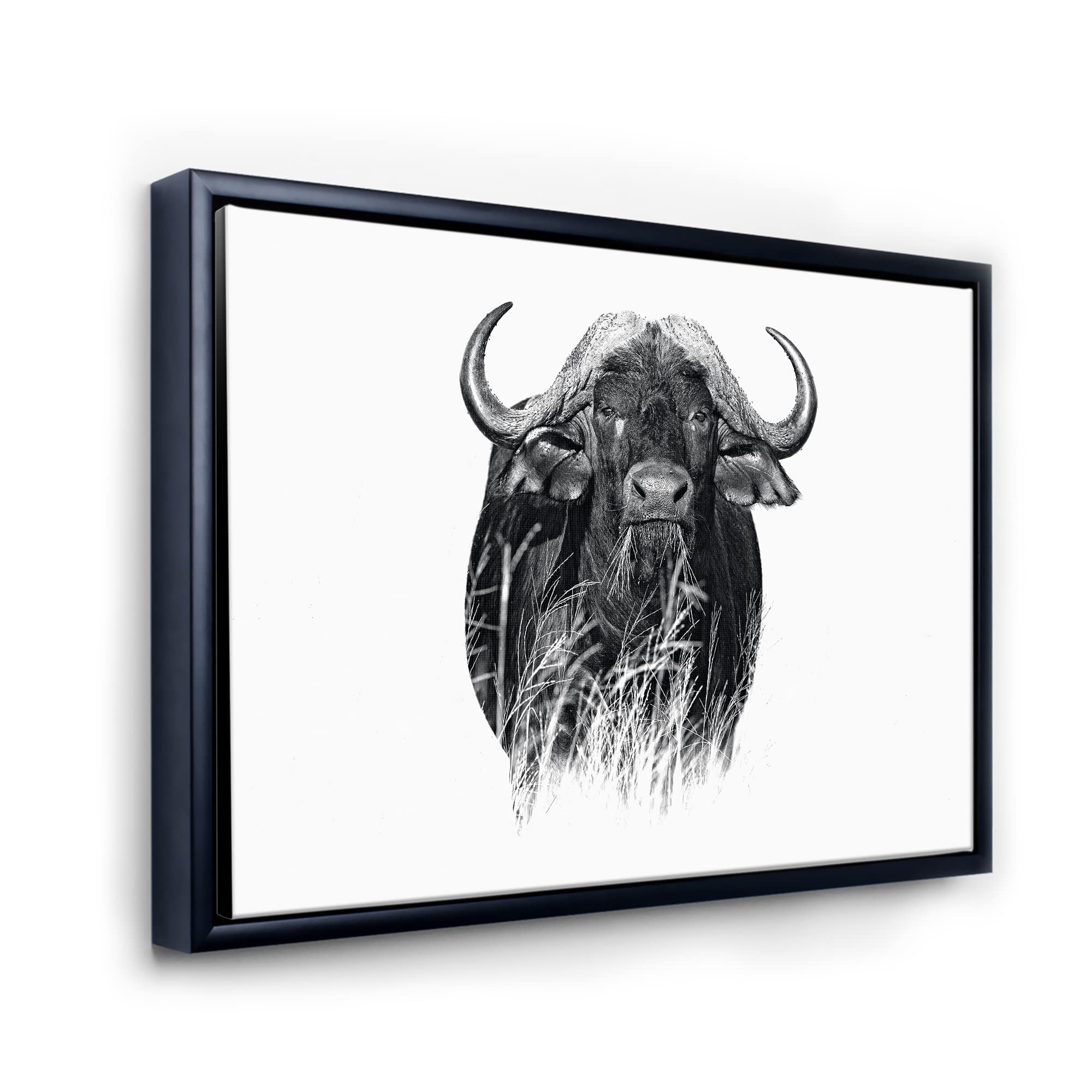 DesignQ Monochrome Buffalo Portrait IV - Farmhouse Framed Canvas Wall Art Print for Living Room, Bedroom & Office Decor