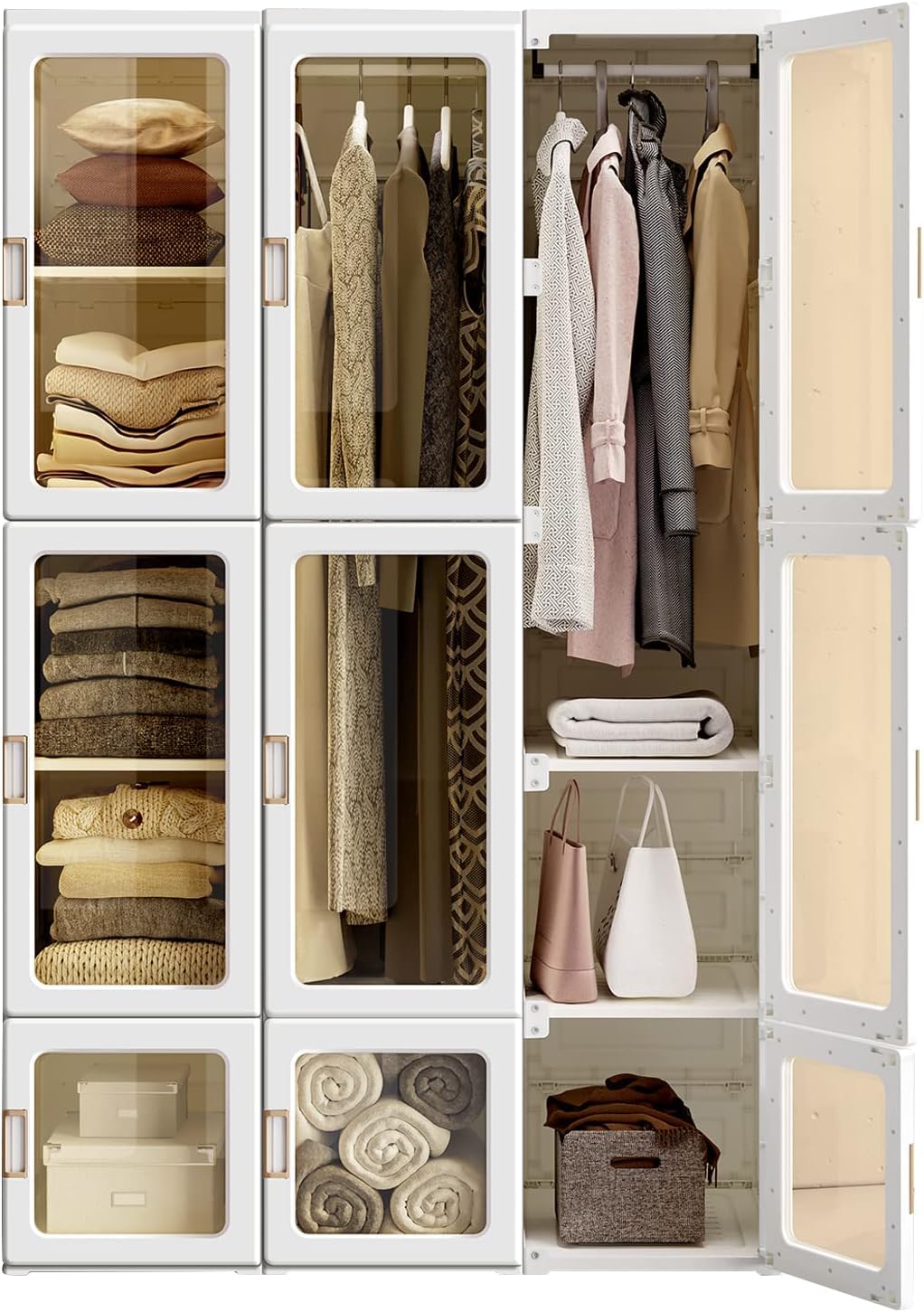 Portable Closet Organizer with Magnetic Transparent Door - 8 Storage Cubes & 2 Hanging Rods for Clothes, Easy Assembly Wardrobe for Bedroom, Living Room | Space-Saving Clothes Storage Solution for Apartments, Dorms & Small Spaces