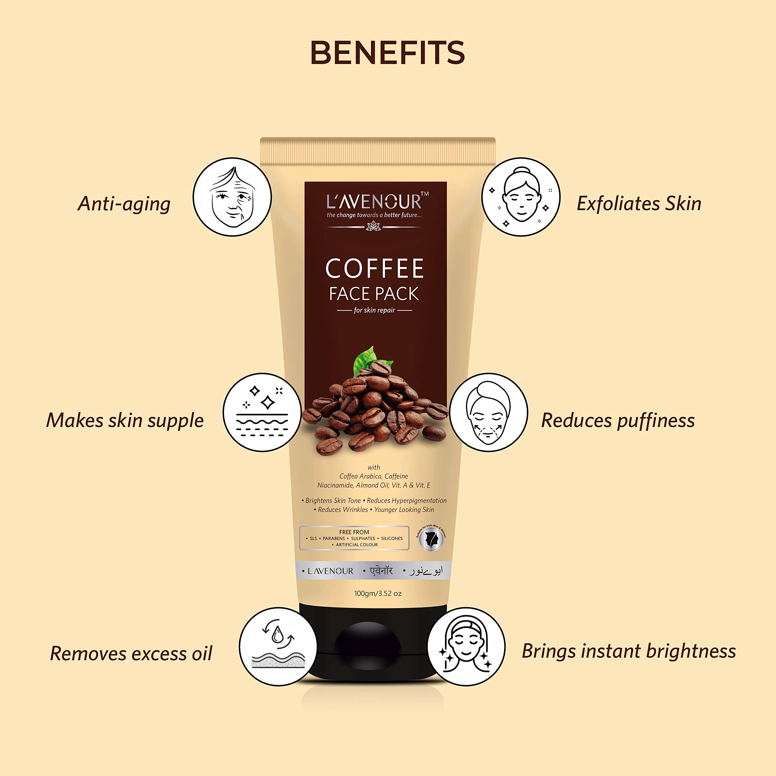 L'avenour Brightening Coffee Face Pack for Glowing Skin - Reduces Wrinkles & Hyperpigmentation, 100g | Natural Skincare for Daily Use & Spa Treatments