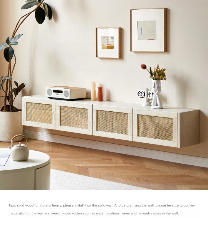 Solid Oak Wood Rattan TV Stand with LED Lights - Modern Cream Style Entertainment Center for Living Room, Bedroom & Home Theater