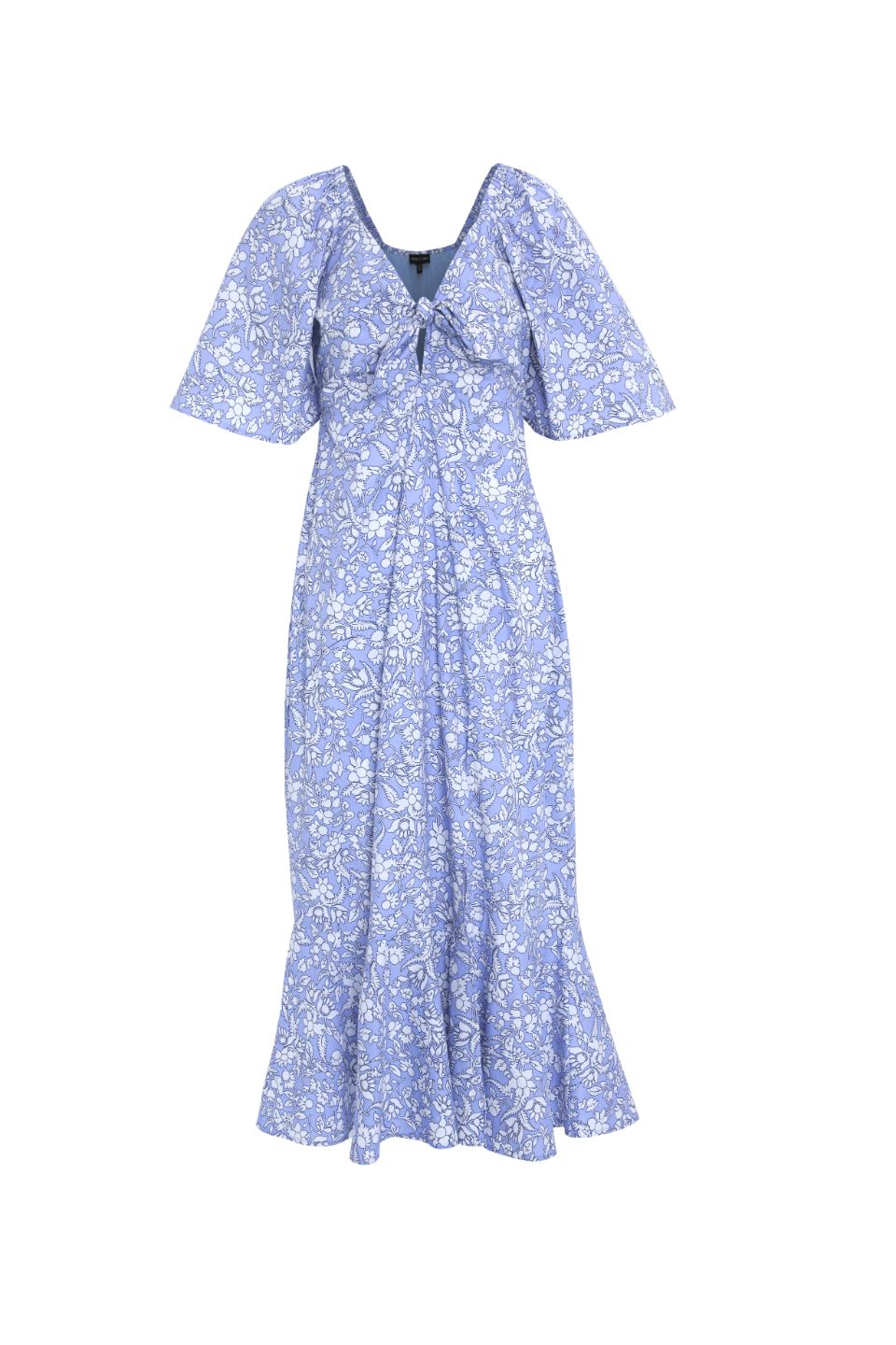 Innocent Cornflower Blue Baroque Floral Tie Front Short Sleeve Maxi Dress - Perfect for Summer Weddings, Beach Vacations & Boho Fashion