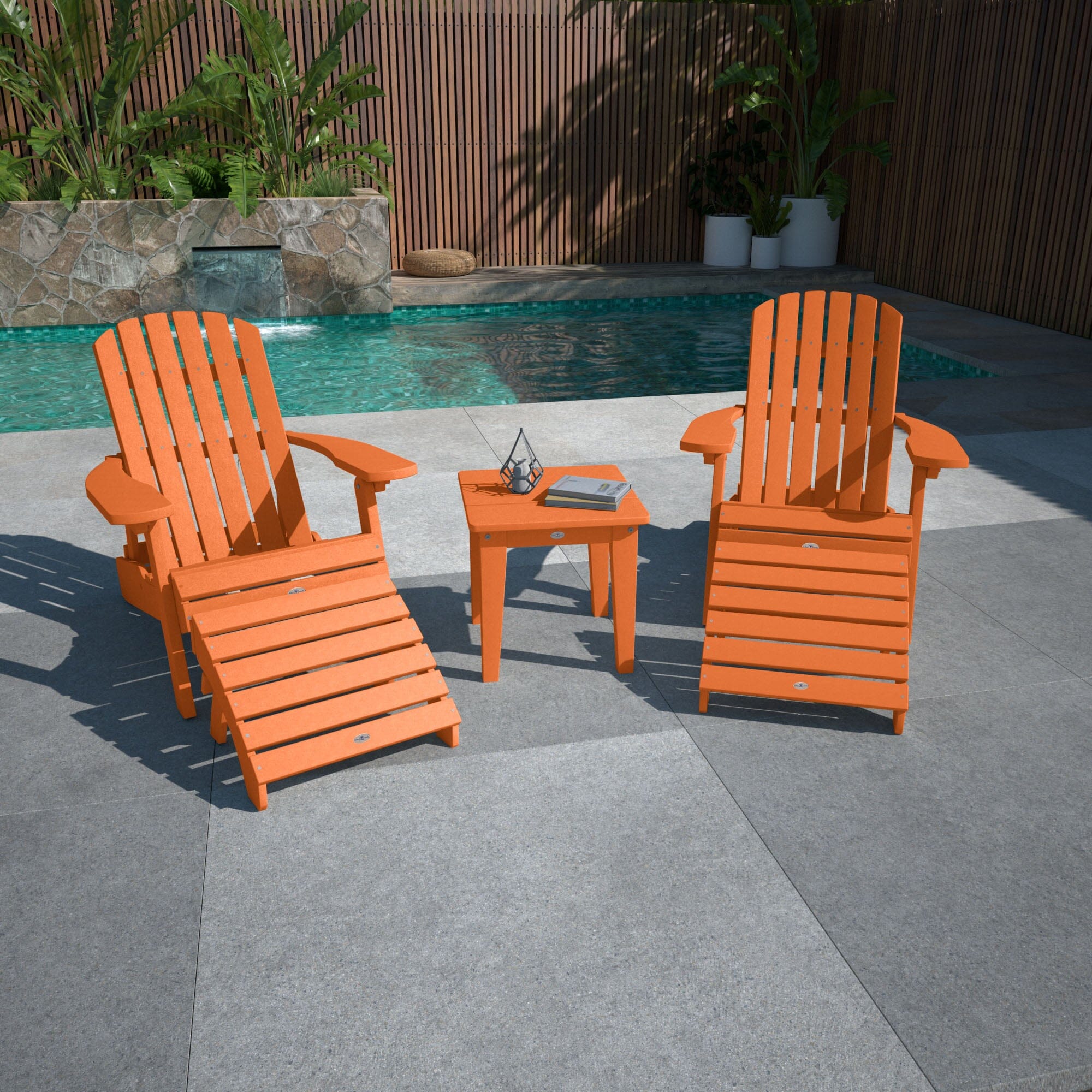 2-Piece Cape Folding Adirondack Chair Set with 2 Ottomans & Side Table - Outdoor Patio Furniture for Garden, Poolside, Backyard Relaxation
