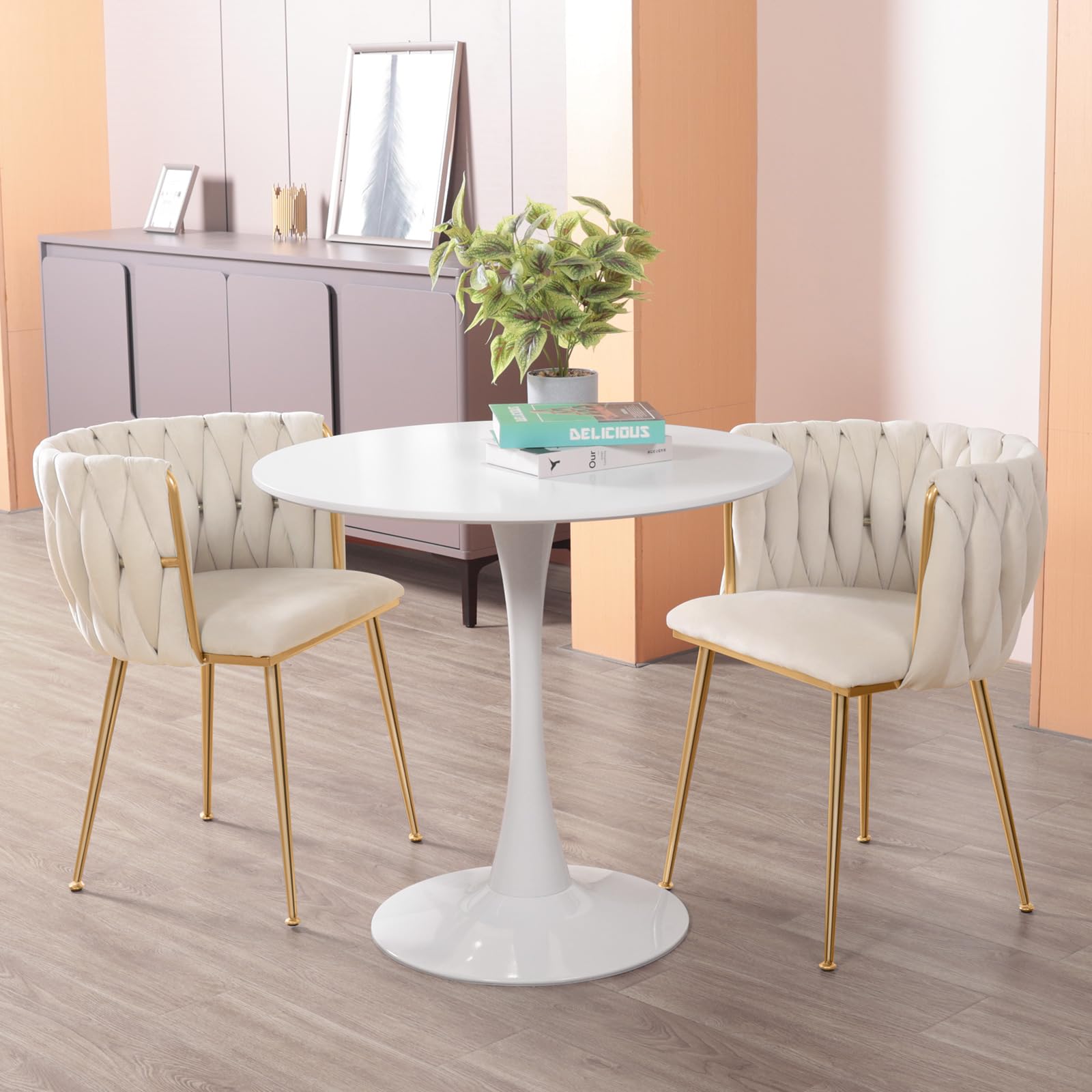 Luxury Velvet Dining Chairs Set of 2 - Modern Accent Chairs with Gold Metal Legs & Woven Upholstery for Living Room, Bedroom, Kitchen - Perfect for Home Decor, Dinner Parties & Cozy Seating