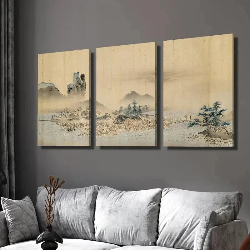 3-Piece Ukiyo-e Vintage Japanese Landscape Wall Art Set - Framed Canvas Prints 50x70cm | High Quality Japanese Art Reproduction | Ready to Hang Home Decor for Living Room, Bedroom & Office