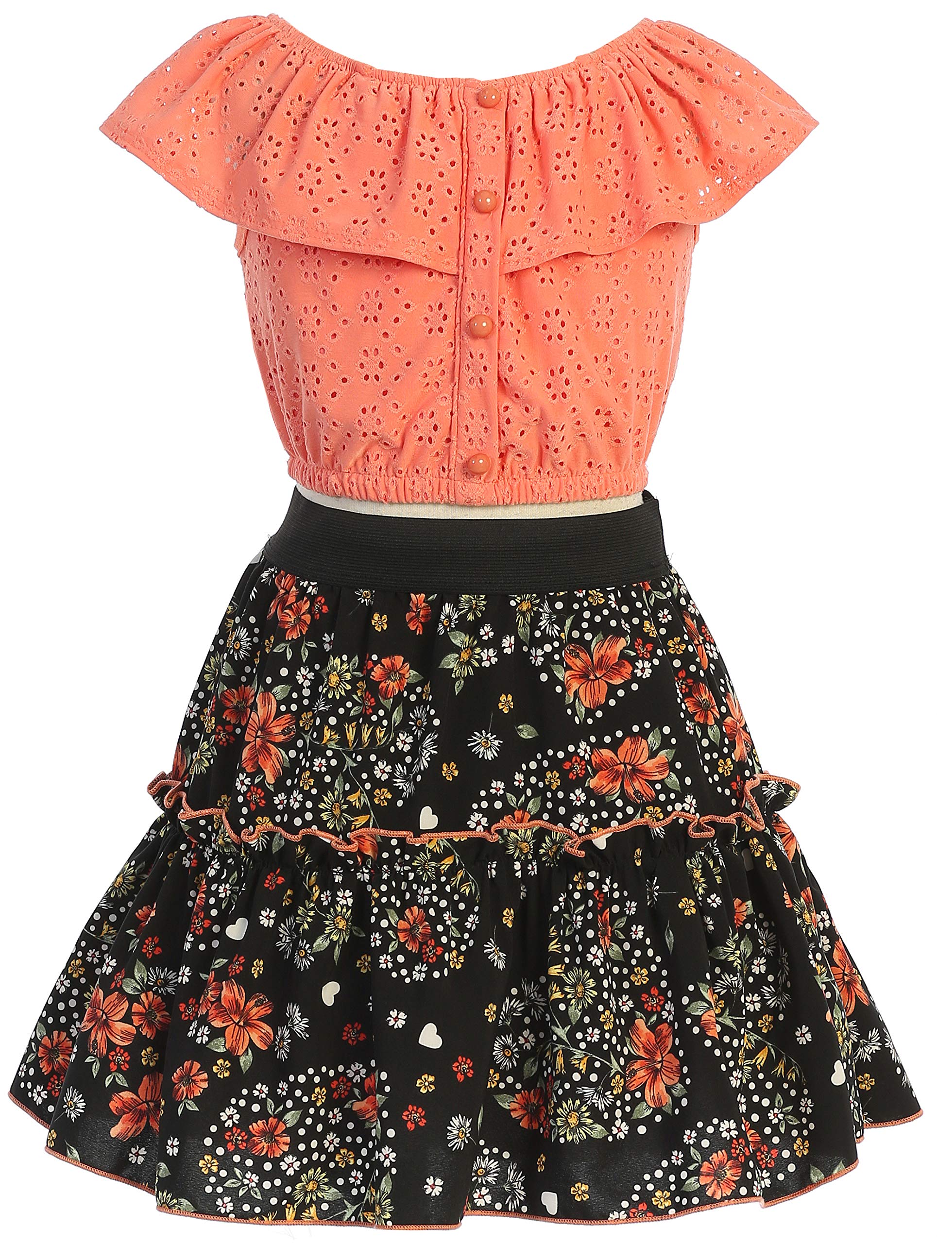 2-Piece Cold Shoulder Top & Skirt Set for Girls - Floral Print Flower Girl Party Dress Outfit | Perfect for Weddings, Birthday Parties & Special Occasions