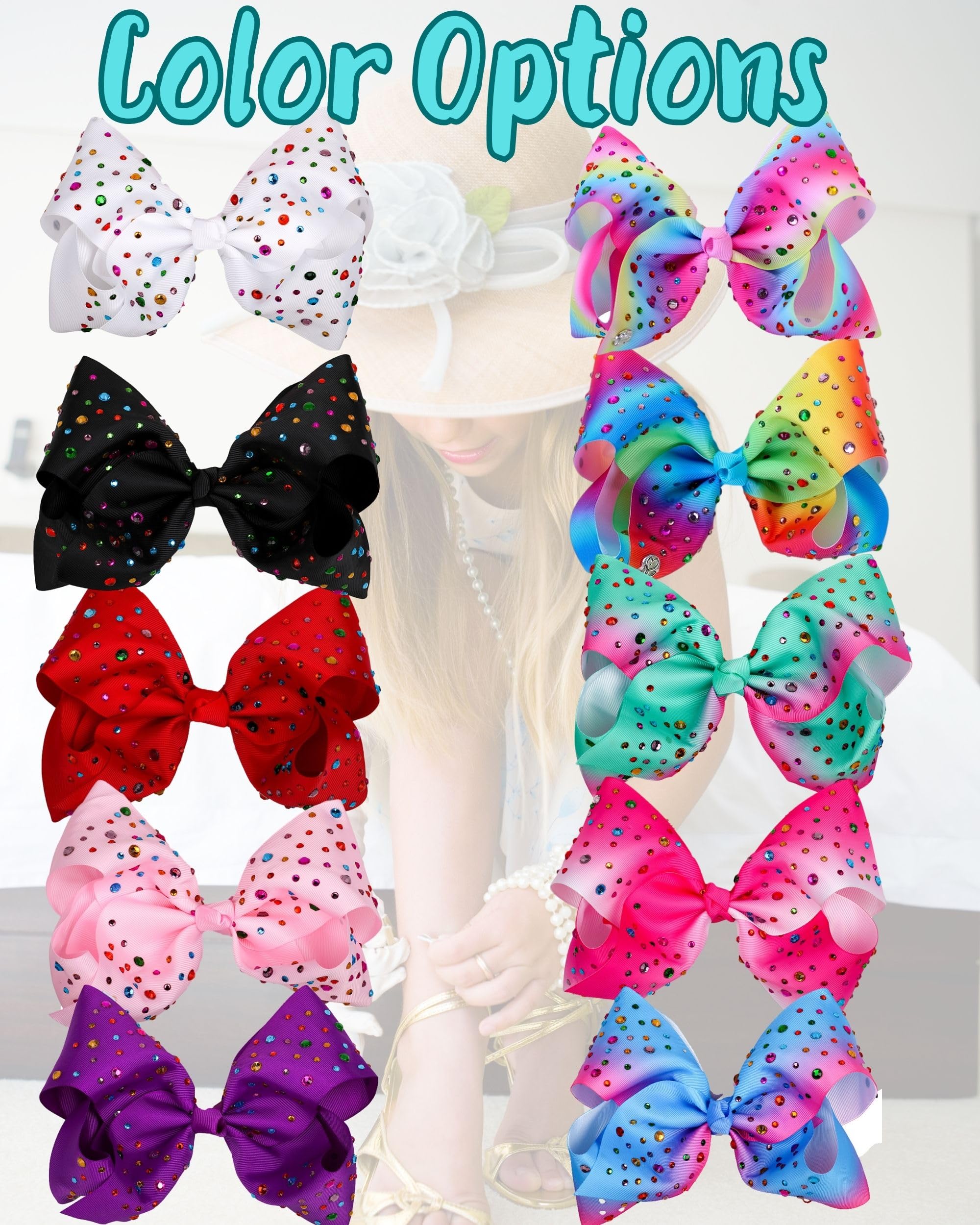 Rhinestone Hair Bow Clip for Girls - 8 Inch Large Hair Accessories for Toddlers & Cheerleading