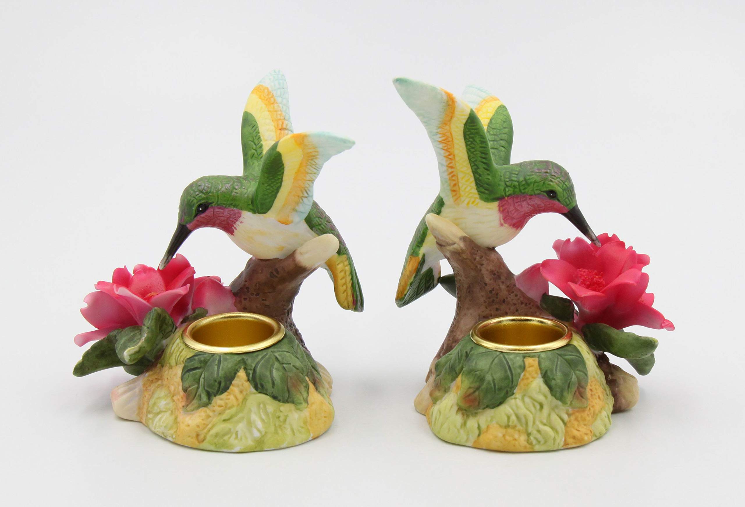 Elegant Fine Porcelain Hummingbird & Red Malus Flower Taper Candle Holders - Set of 2 (3.5