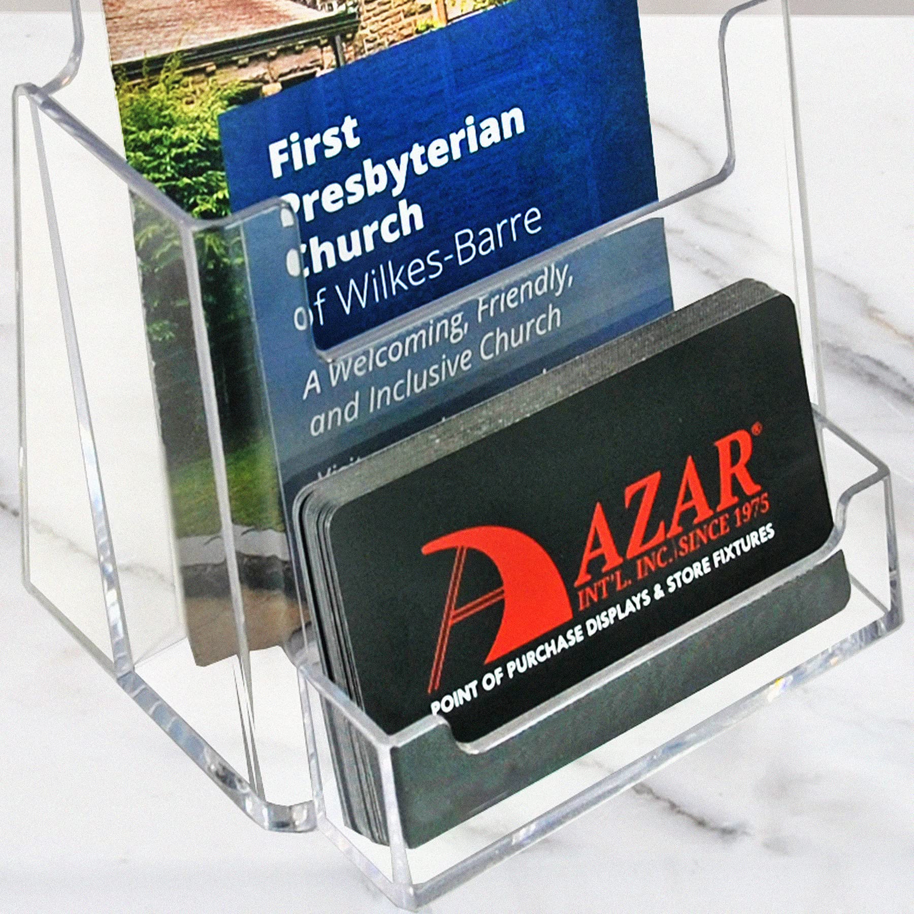 Azar Displays 252922-50PK Clear Counter Trifold Brochure Holder with Horizontal Business Card Slot & Gift Card Pocket - 50 Pack for Retail Stores, Restaurants & Hotels