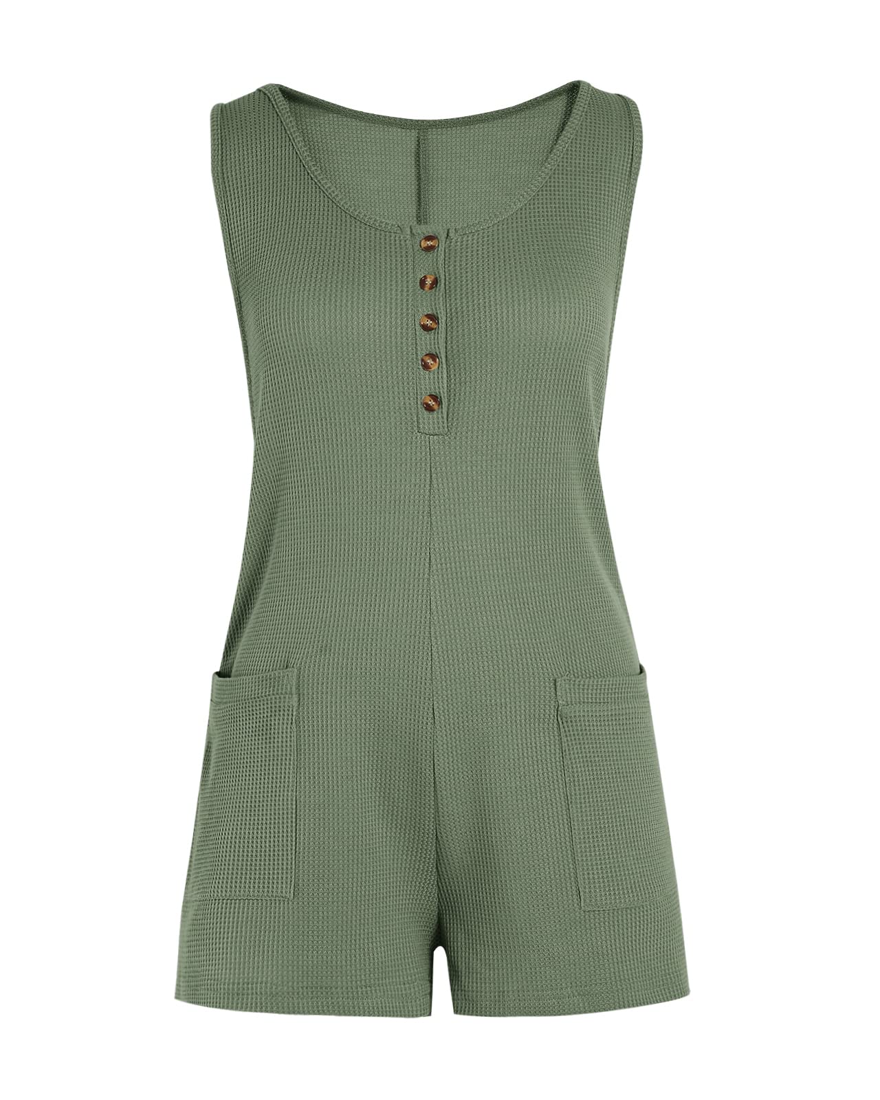 Women's Sleeveless Romper Jumpsuit - Button Down Waffle Fabric Summer Outfit for Vacation, Beach & Casual Wear
