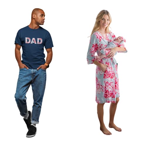Baby Be Mine Maternity Nursing Robe, Baby Girl Swaddle Blanket & Daddy T-Shirt Set - Soft Hospital Delivery & Newborn Photo Outfits