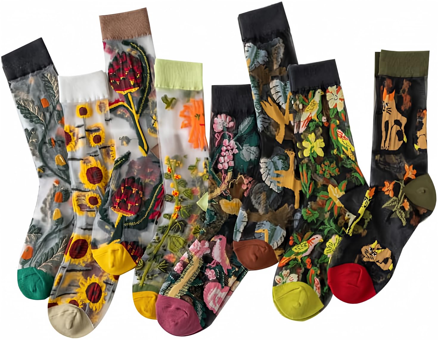 Vintage Floral Embroidered Sheer Socks for Women - 8 Pairs, Y2K Aesthetic for Casual & Party Wear