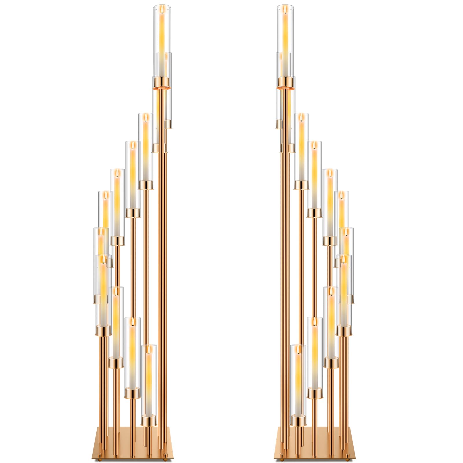2-Pack Gold 12-Arm Candelabra Floor Stand - 57.5 Inch Tall Wedding Centerpiece with Clear Acrylic Shades & LED Candles for Valentine's Day, Christmas, Spring Decor | Elegant Home & Event Lighting