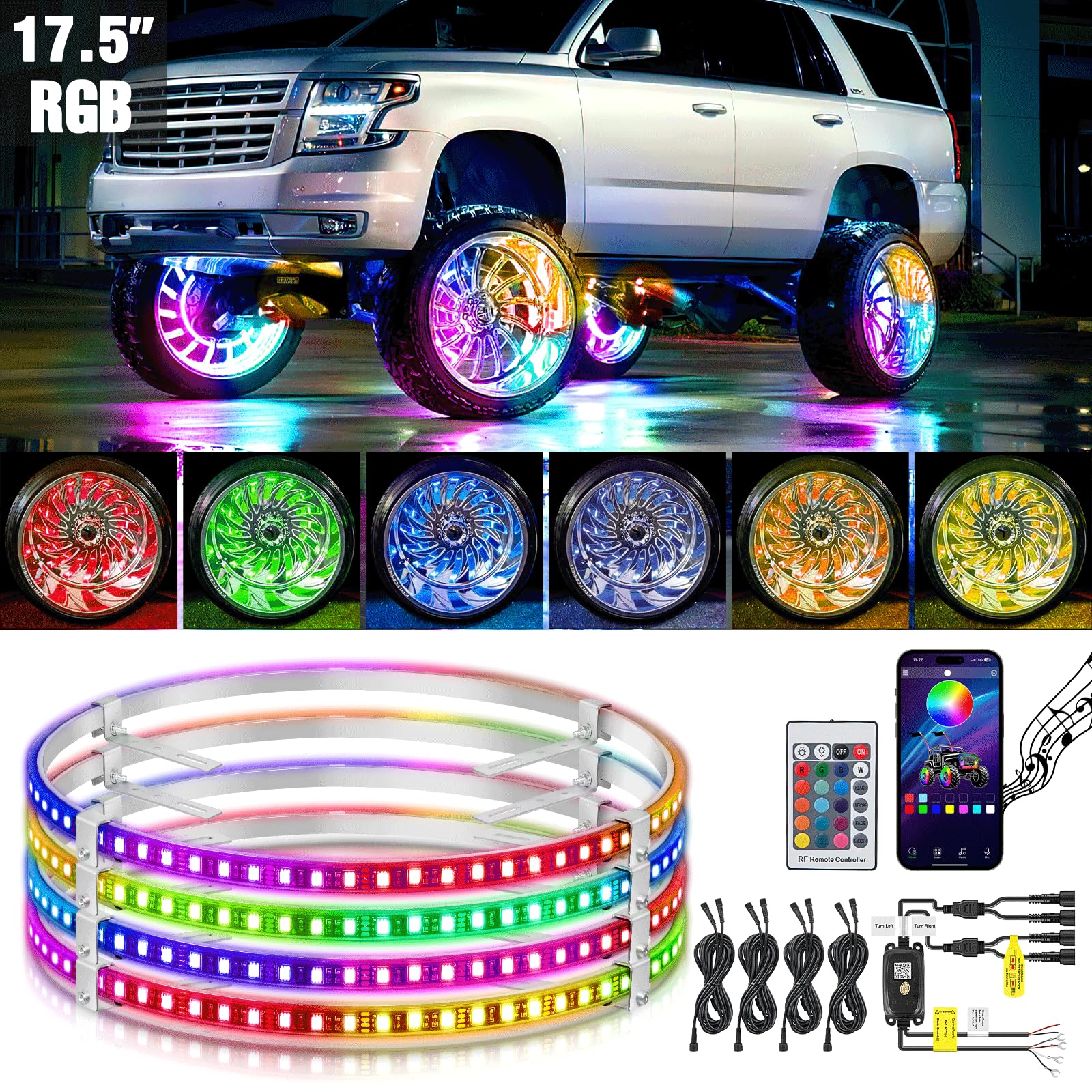 Nilight 4PCS 17.5inch RGB LED Wheel Ring Lights with APP & Remote Control, Neon Lights with 16 Million Colors, Turn Signal & Braking Function - Perfect for Car, Van, SUV, Truck Customization & Night Driving