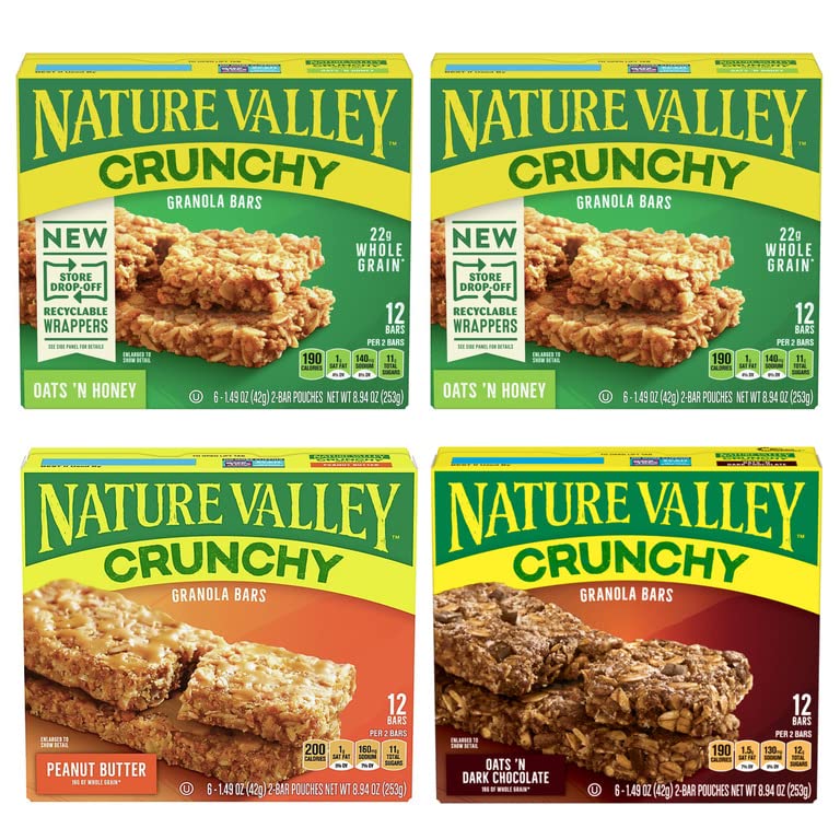 Nature Valley Granola Bars Variety Pack - Oats & Honey, Oats & Dark Chocolate, Peanut Butter, Peanut Butter Dark Chocolate (4 Pack) - Healthy Snacks for Hiking, Office & School Lunch Boxes