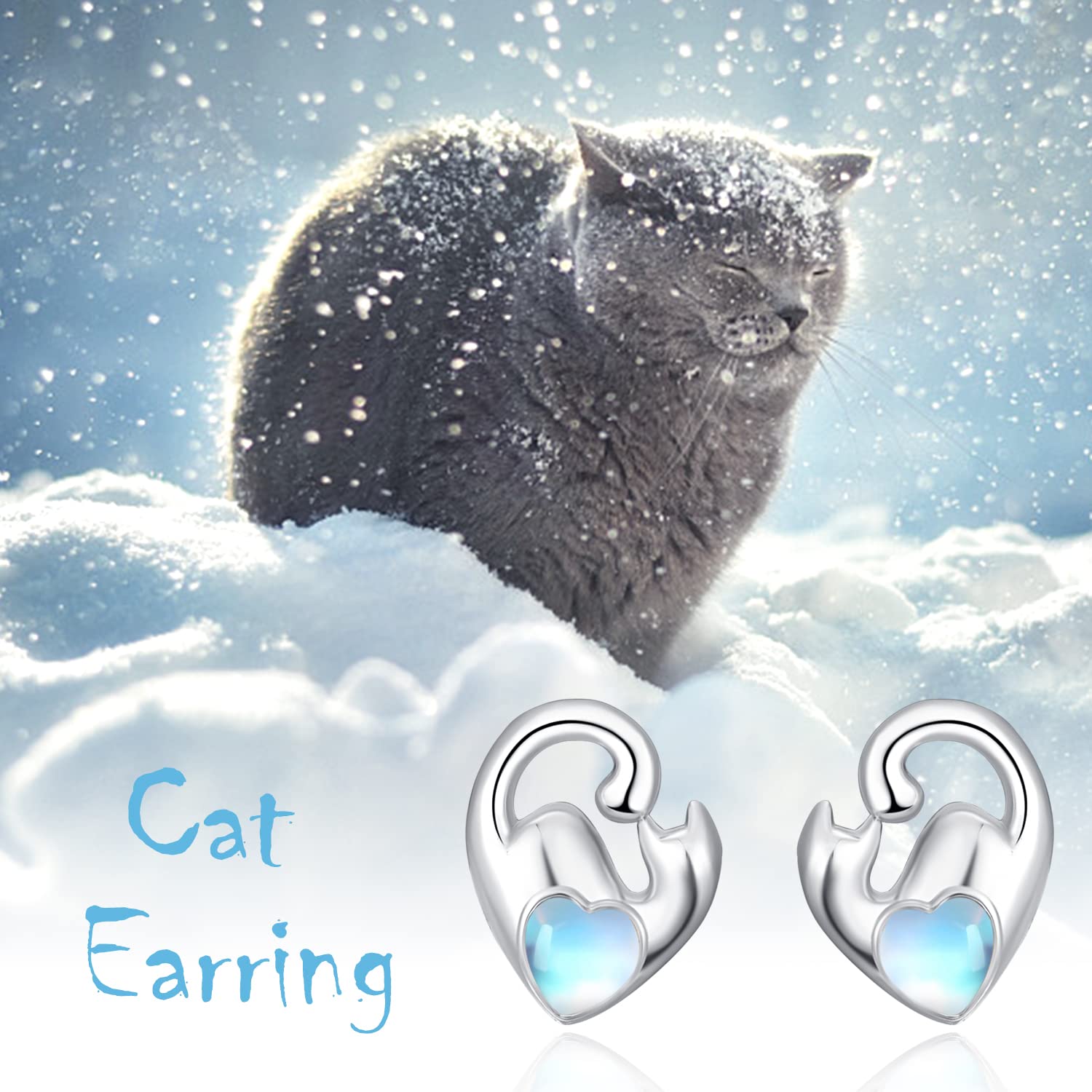 DreamBoat Sterling Silver Cat Stud Earrings for Women - Cute Kitten & Moonstone Heart Jewelry - Perfect Gift for Cat Lovers & Animal Jewelry Enthusiasts - Ideal for Casual Wear, Date Nights & Special Occasions