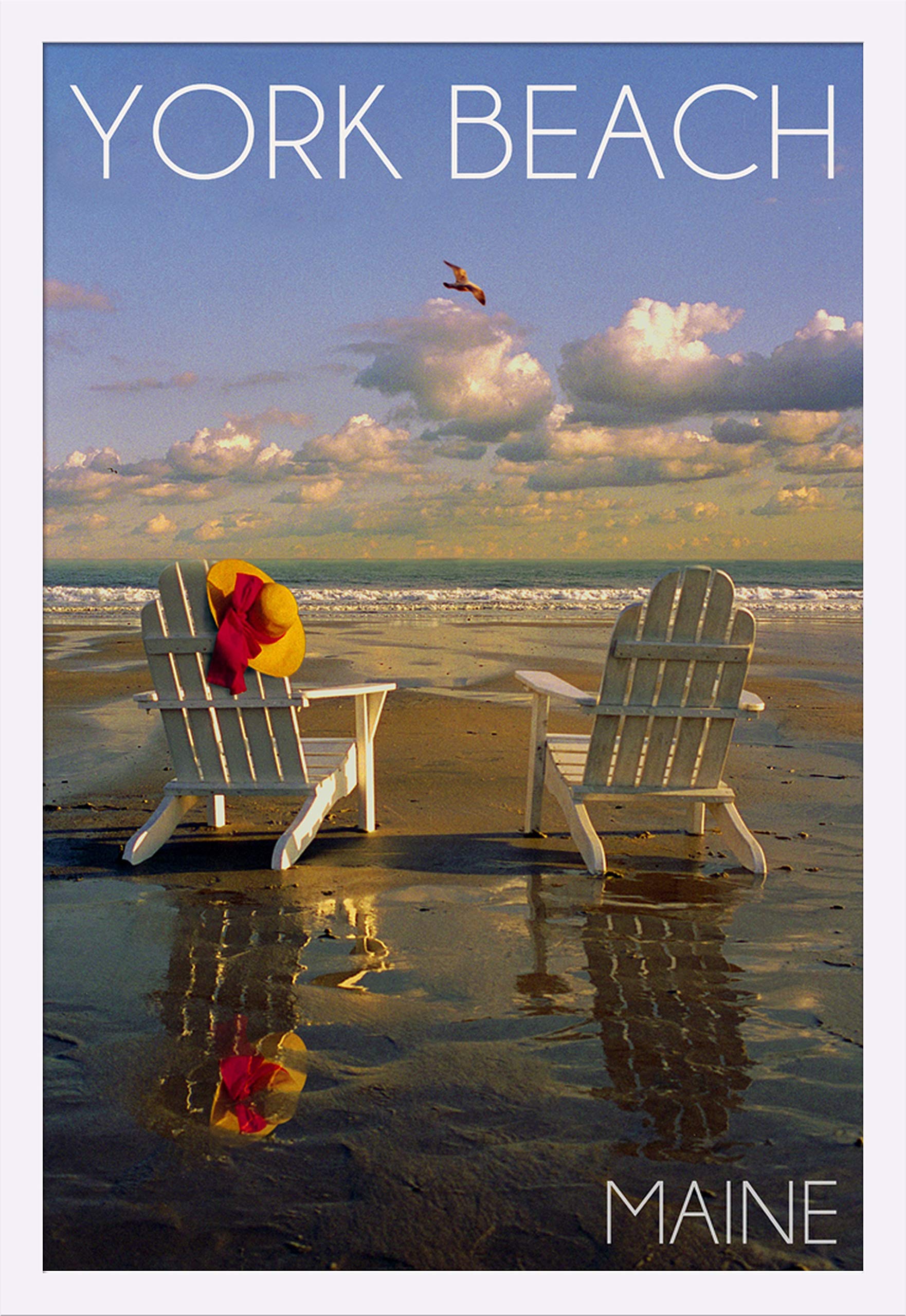 York Beach Maine Adirondack Chairs & Beach 54092 - 24x36 Giclee Art Print Gallery Framed in White Wood - Coastal Wall Decor for Living Room, Bedroom or Office