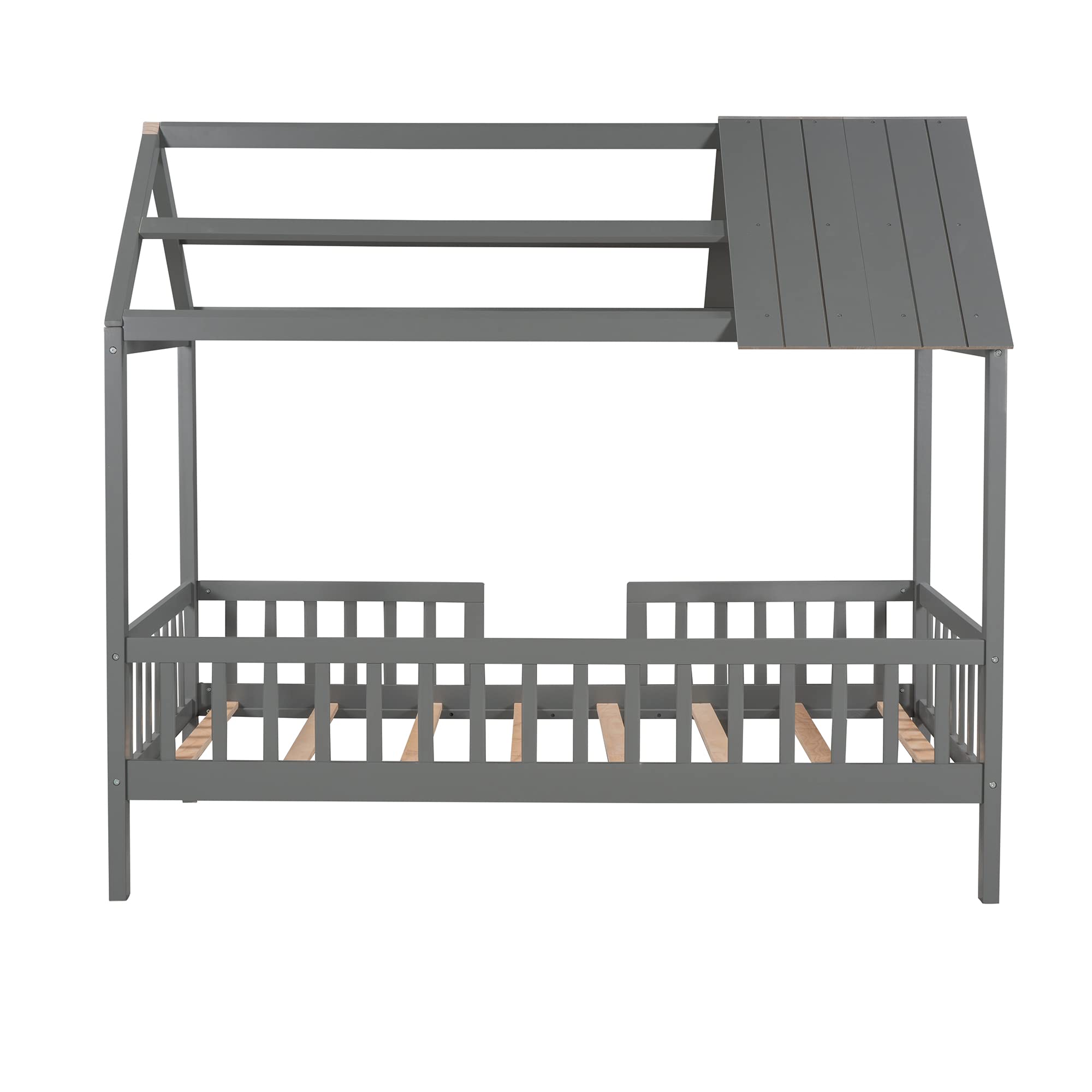 **Montessori Twin House Bed for Kids - Solid Wood Playhouse Tent Bed with Fence & Roof - Gray Twin Size Bed Frame for Kids, Teens & Adults - Perfect for Bedrooms, Playrooms & Montessori Learning Spaces**