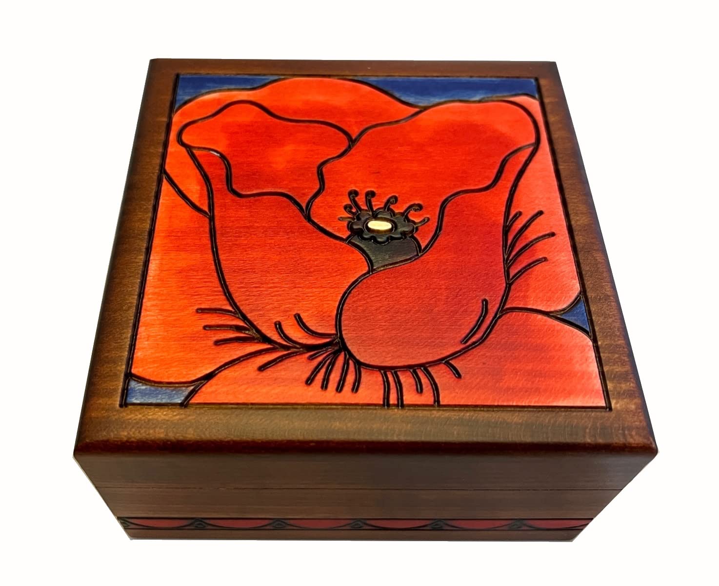 Handmade Wooden Decorative Box with Red Poppy Design - Jewelry Keepsake & Gift Box for Home Decor, Wedding Favors, and Storage (6x4 Inches)