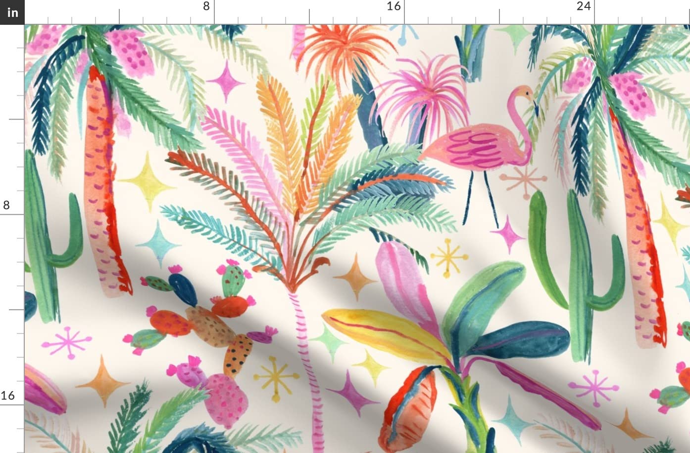 Palm Springs Retro Tropical Cactus Print Organic Cotton Sateen Fabric - Fat Quarter for Sewing, Quilting, Apparel & Home Decor - Perfect for Boho Chic Dresses, Throw Pillows & DIY Craft Projects