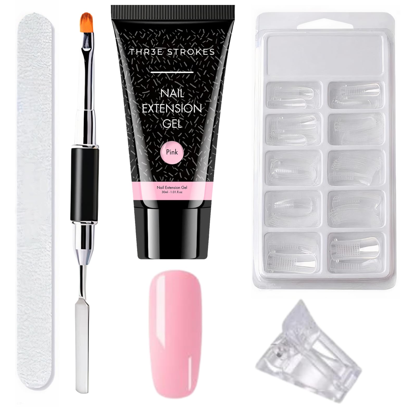 Poly Nail Extension Gel Kit - 100 Poly Tips, Spatula, Filer, Clip & Pink Polygel for Builder Gel Nail Art | DIY Salon-Quality Nail Extensions at Home | Perfect for Manicures, Nail Art & Professional Nail Services
