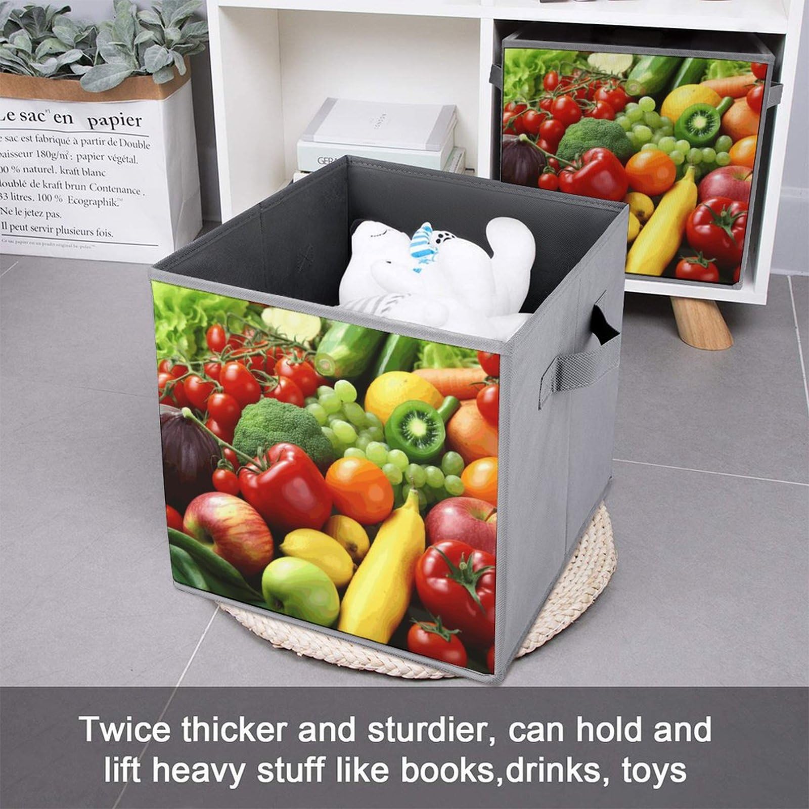 6-Pack Foldable Storage Bins for Fresh Vegetables & Fruits - Large Capacity Printed Storage Boxes with Handles - Perfect for Playroom, Office & Home Organization (Multipurpose Storage Cubes for Kitchen, Pantry, Closet & Nursery)