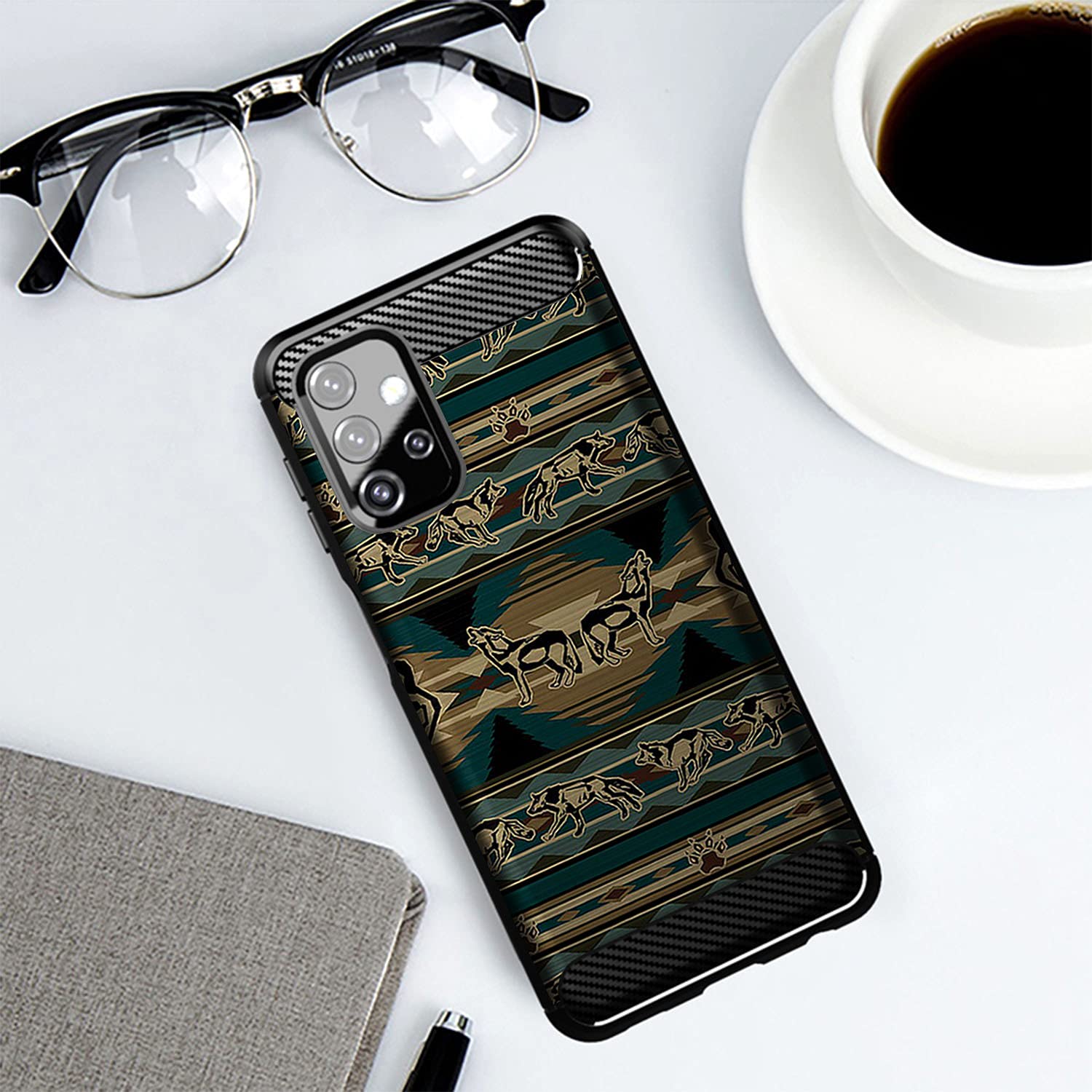 Samsung Galaxy A32 / A32 5G LTE Case - Slim Shockproof TPU Protective Cover with Green Wolf Tribal Design | Durable Flexible Phone Case for Everyday Use & Outdoor Activities