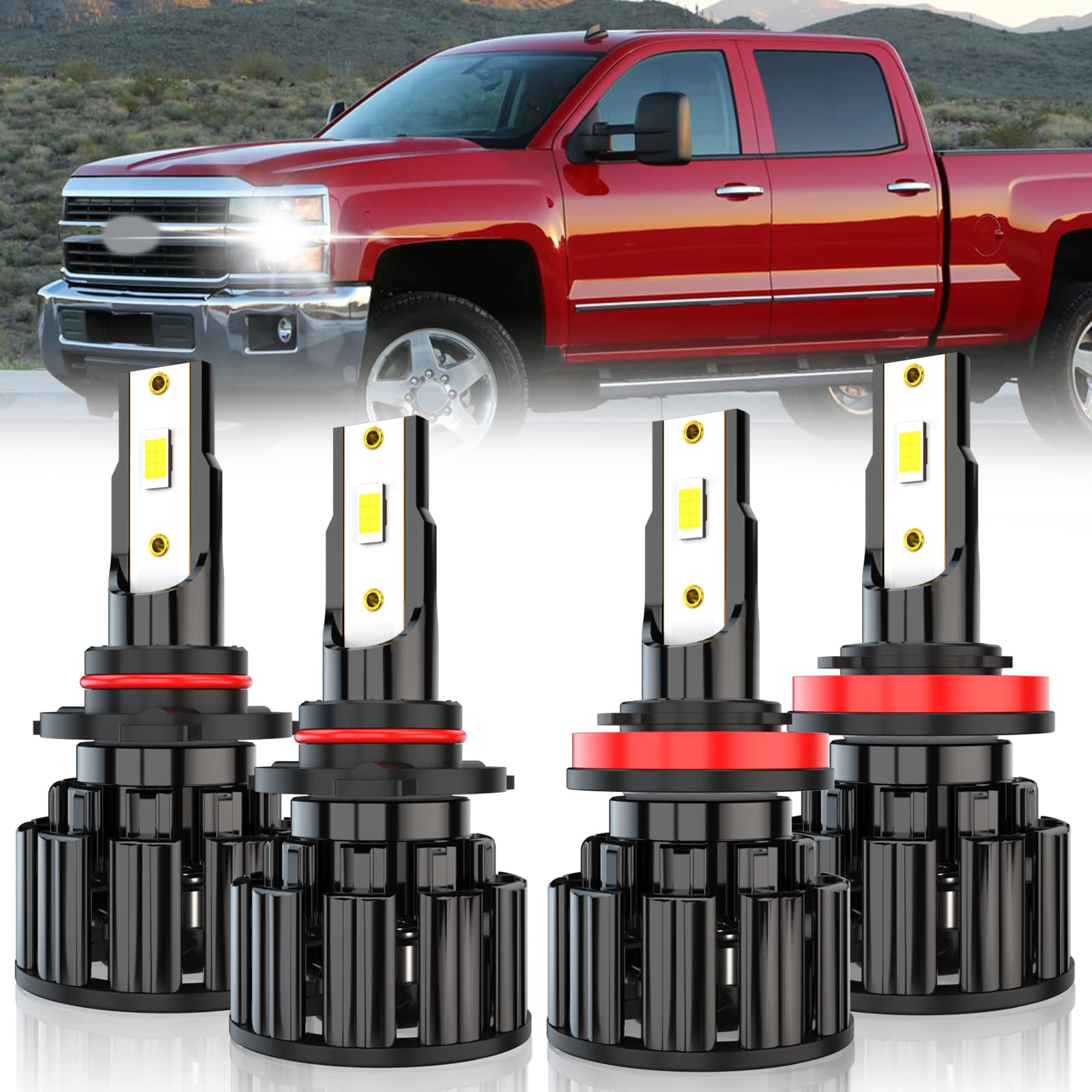 9005 H11 LED Headlight Bulbs Kit for Chevy Silverado 1500 2500 HD 2007-2015 - 60W 10000LM 6000K White Super Bright LED Lights with CSP Technology - Plug and Play - Pack of 4 - Perfect for Night Driving & Off-Road Adventures