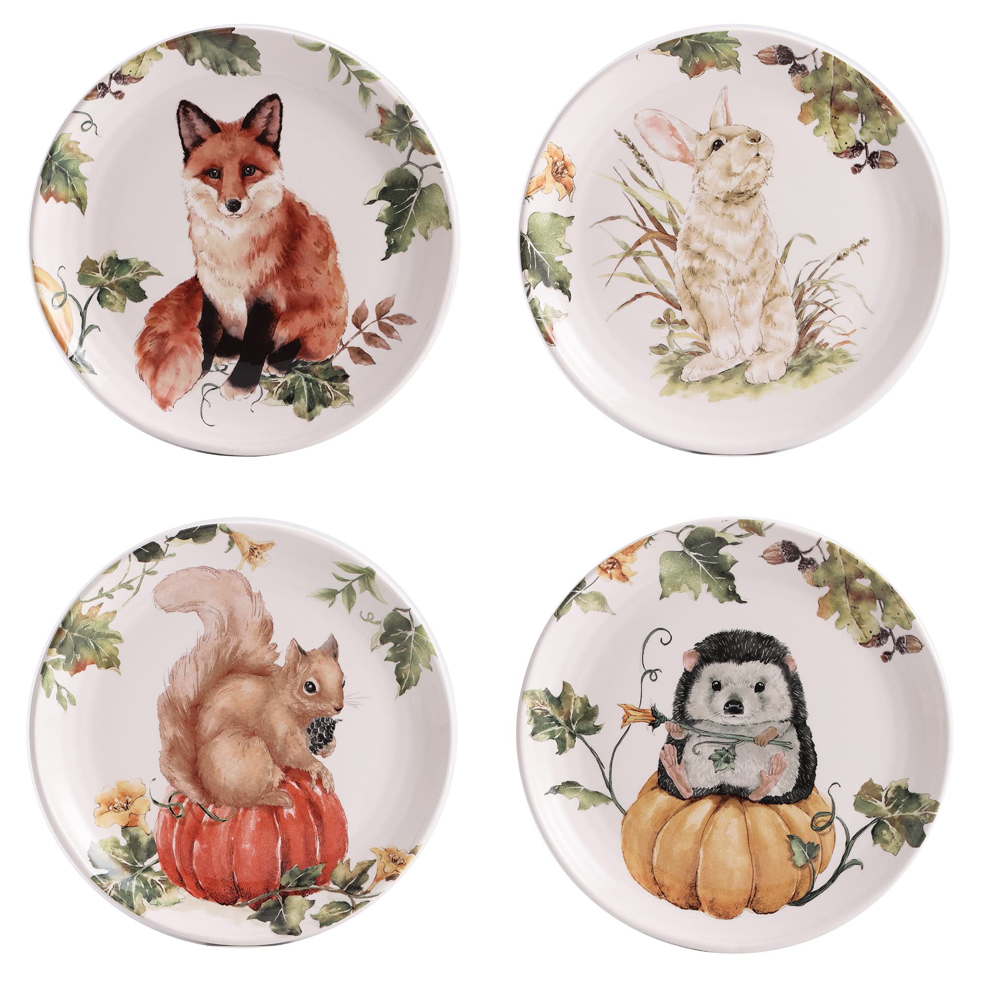 Bico Woodland Critters Ceramic Salad Plates Set of 4 - 8.75 Inch Dinnerware for Salad, Appetizers, Desserts | Microwave & Dishwasher Safe | Perfect for Family Dinners, Picnics & Party Serving