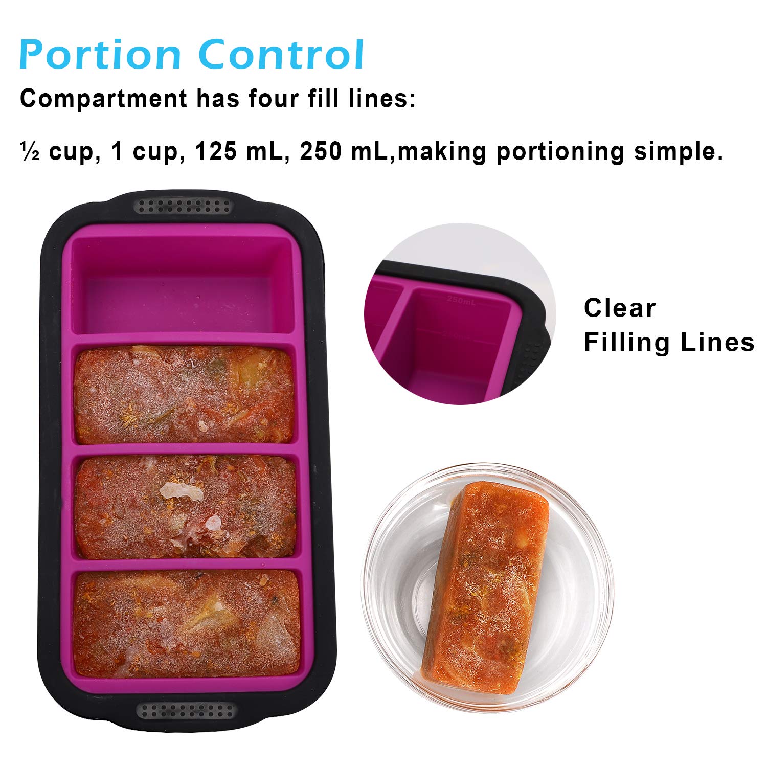 1-Cup Extra Large Silicone Freezer Tray with Lid - 2 Pack Purple Ice Cube Trays for Soup, Broth, Sauce, Butter - Perfect for Meal Prep, Freezing Leftovers & Cocktail Ice Cubes