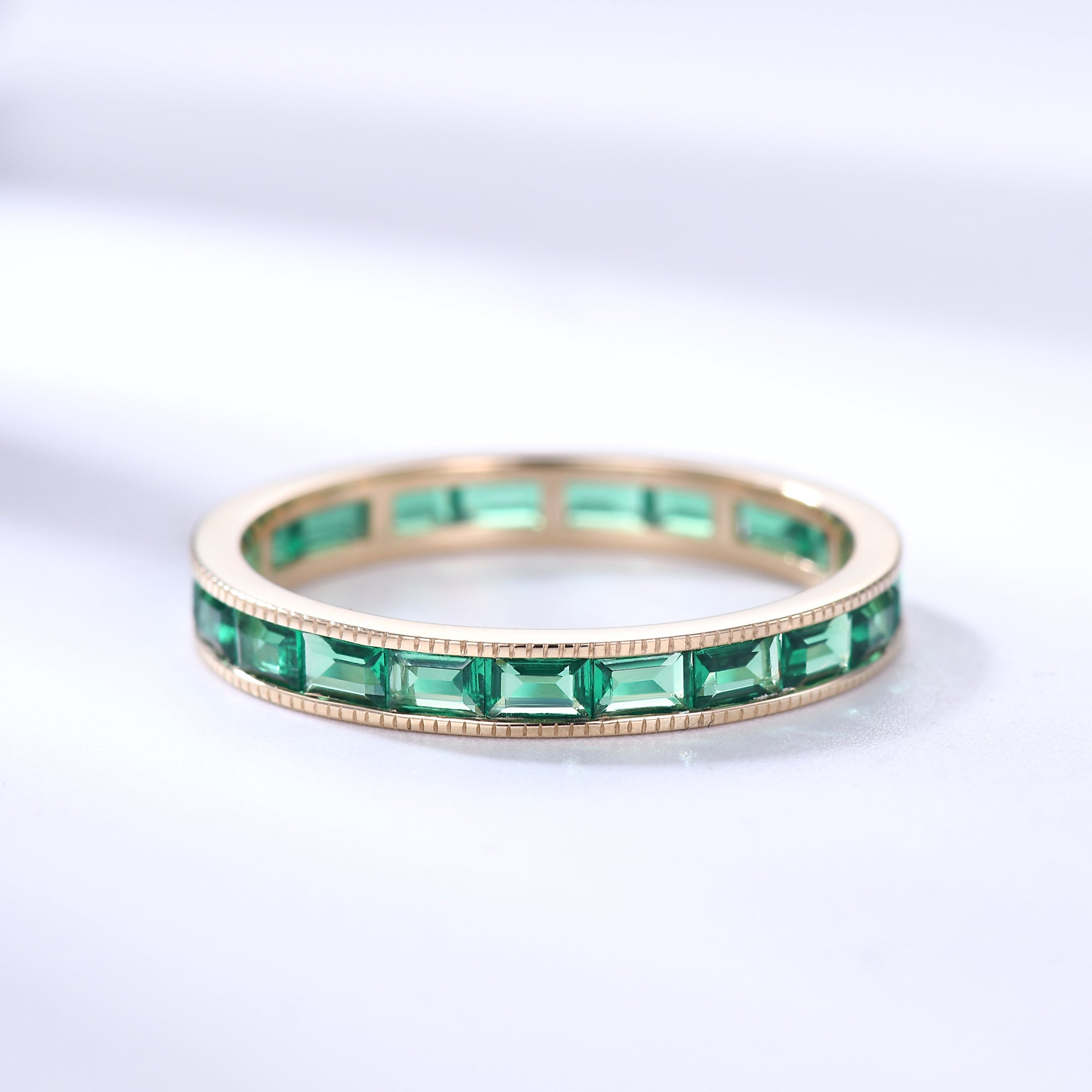 Milgrain Baguette Emerald Wedding Band - Full Eternity Ring for Women | Elegant Bridal Jewelry, Anniversary Gift & Engagement Ring Alternative | Perfect for Weddings, Proposals & Special Occasions